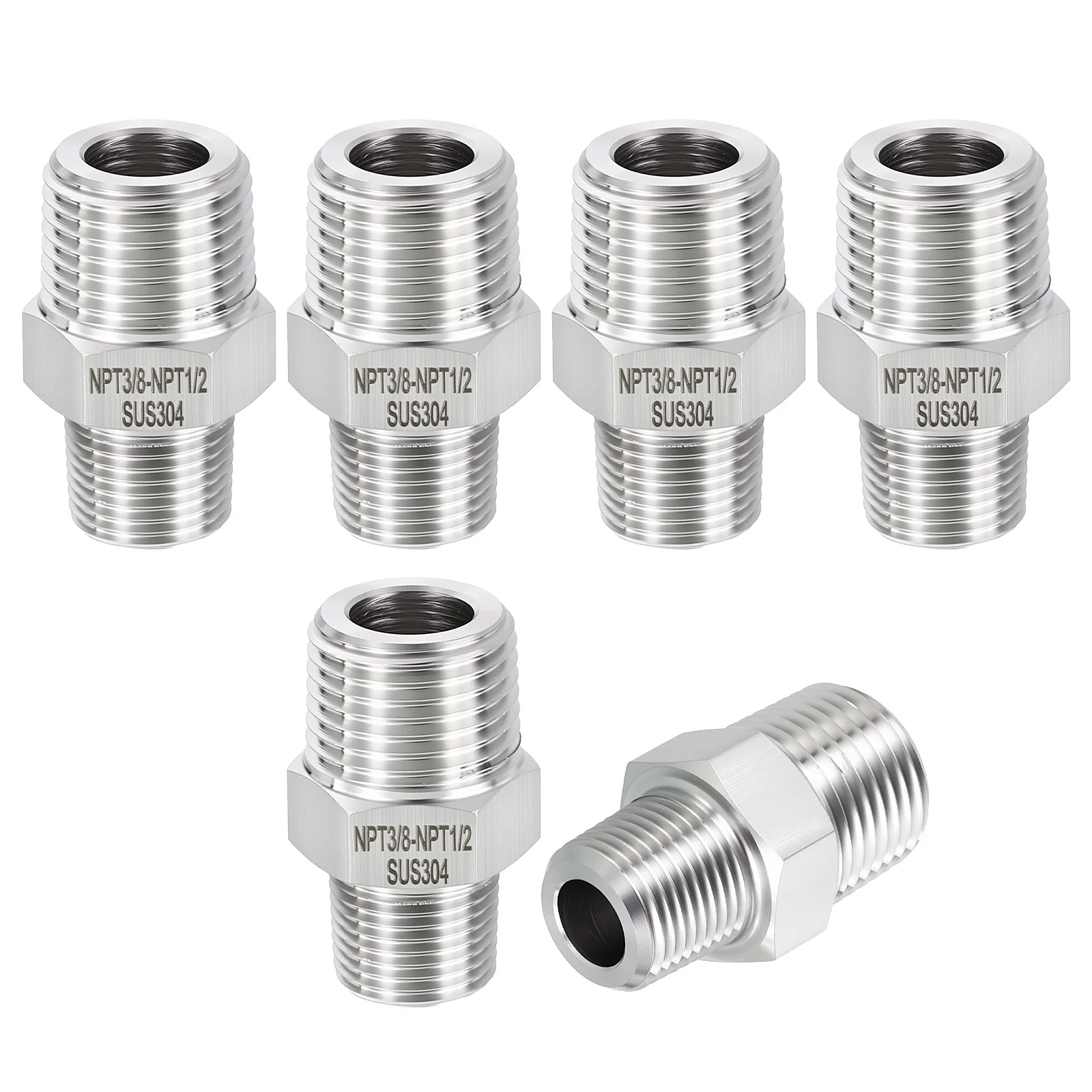 6 Pack 304 Stainless Steel Pipe Fittings, 1/2" Male NPT to 3/8" Male NPT Reducer