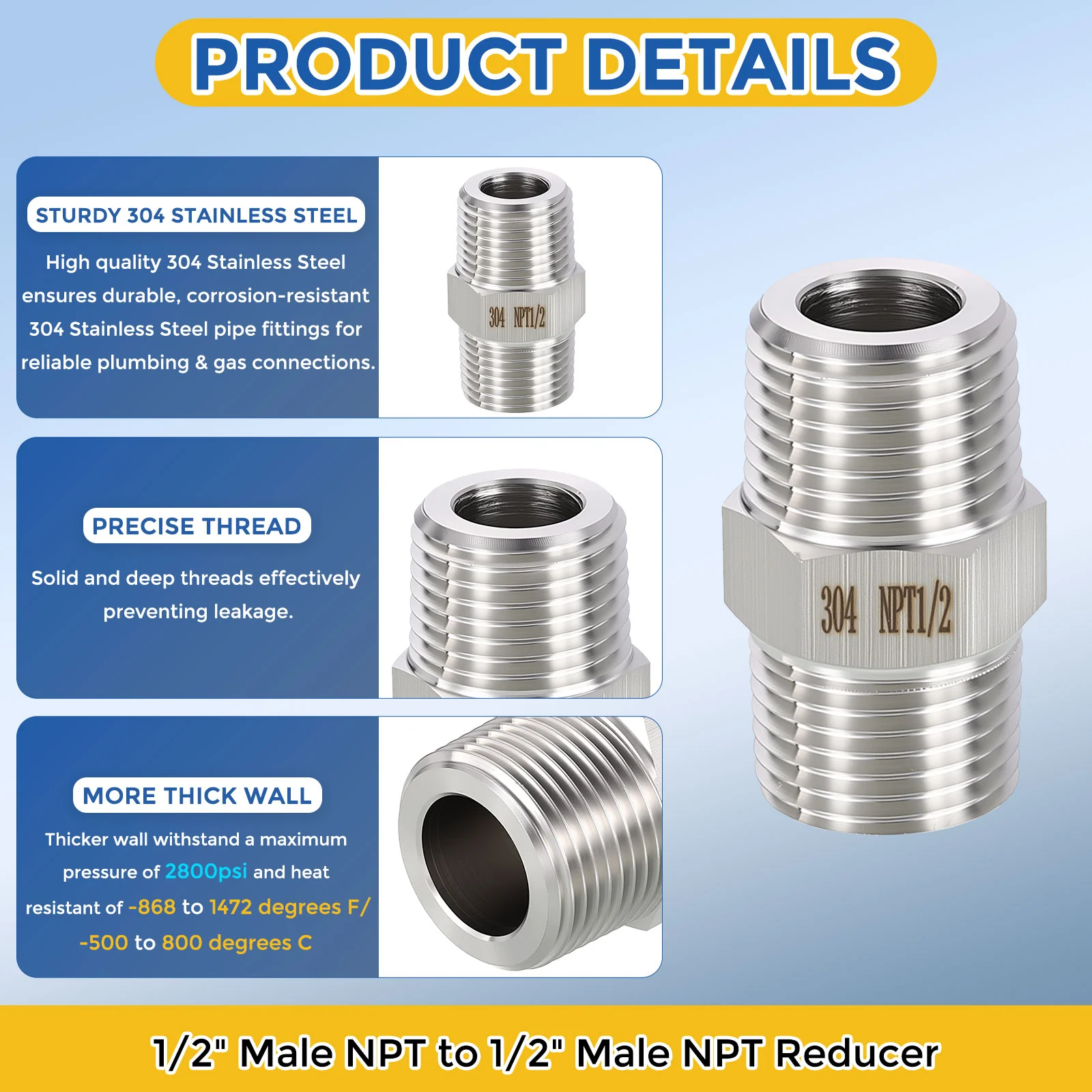 2 Pack 304 Stainless Steel Pipe Fittings, 1/2" Male NPT to 1/2" Male NPT Reducer - Image 4