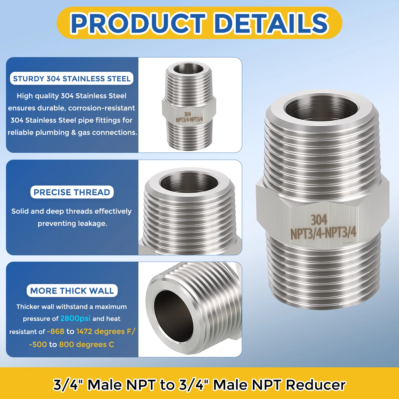5 Pack 304 Stainless Steel Pipe Fittings, 3/4" Male NPT to 3/4" Male NPT Reducer - Image 4