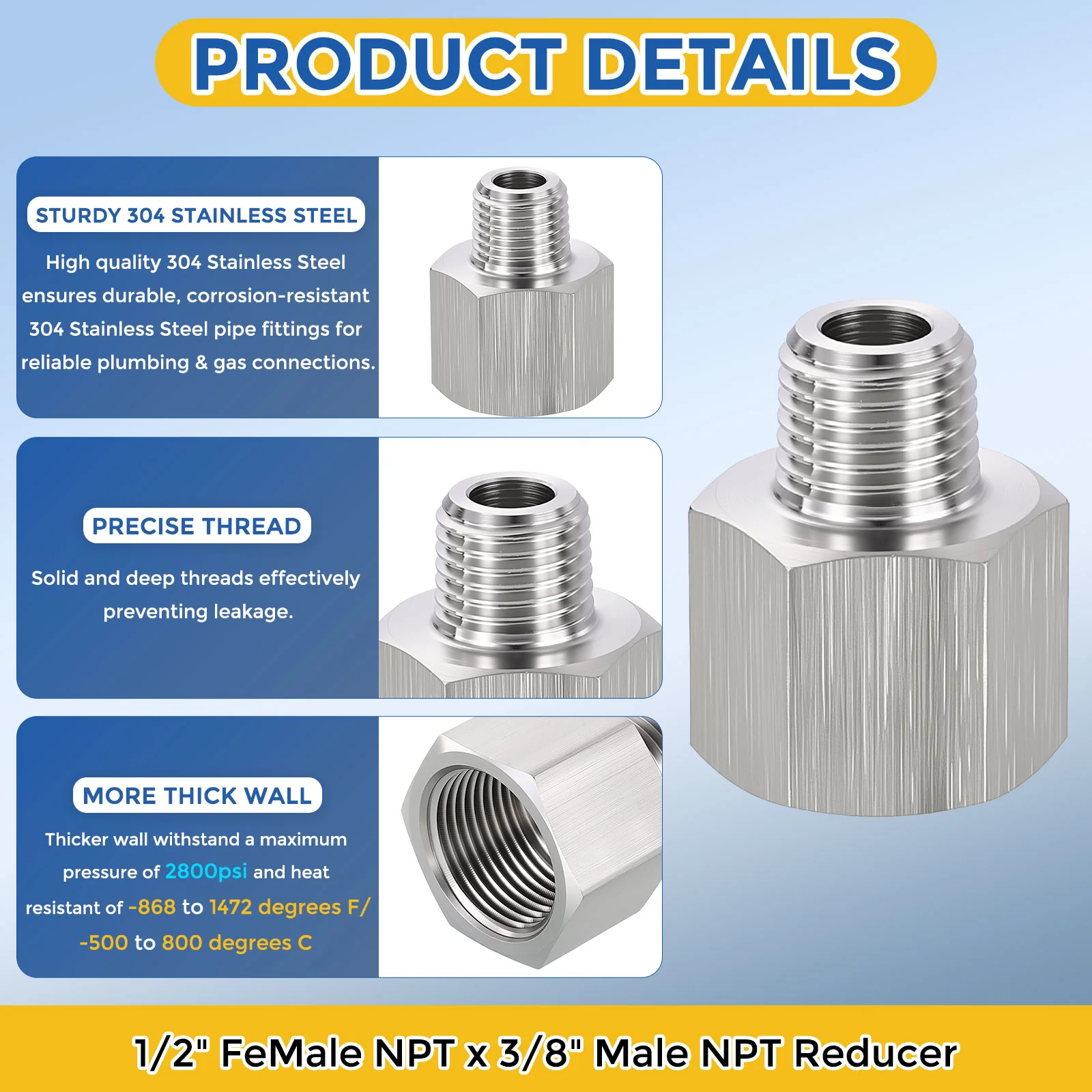 3 Pack 304 Stainless Steel Pipe Fitting, 3/8" FeMale NPT x 1/4" Male NPT Reducer - Image 4
