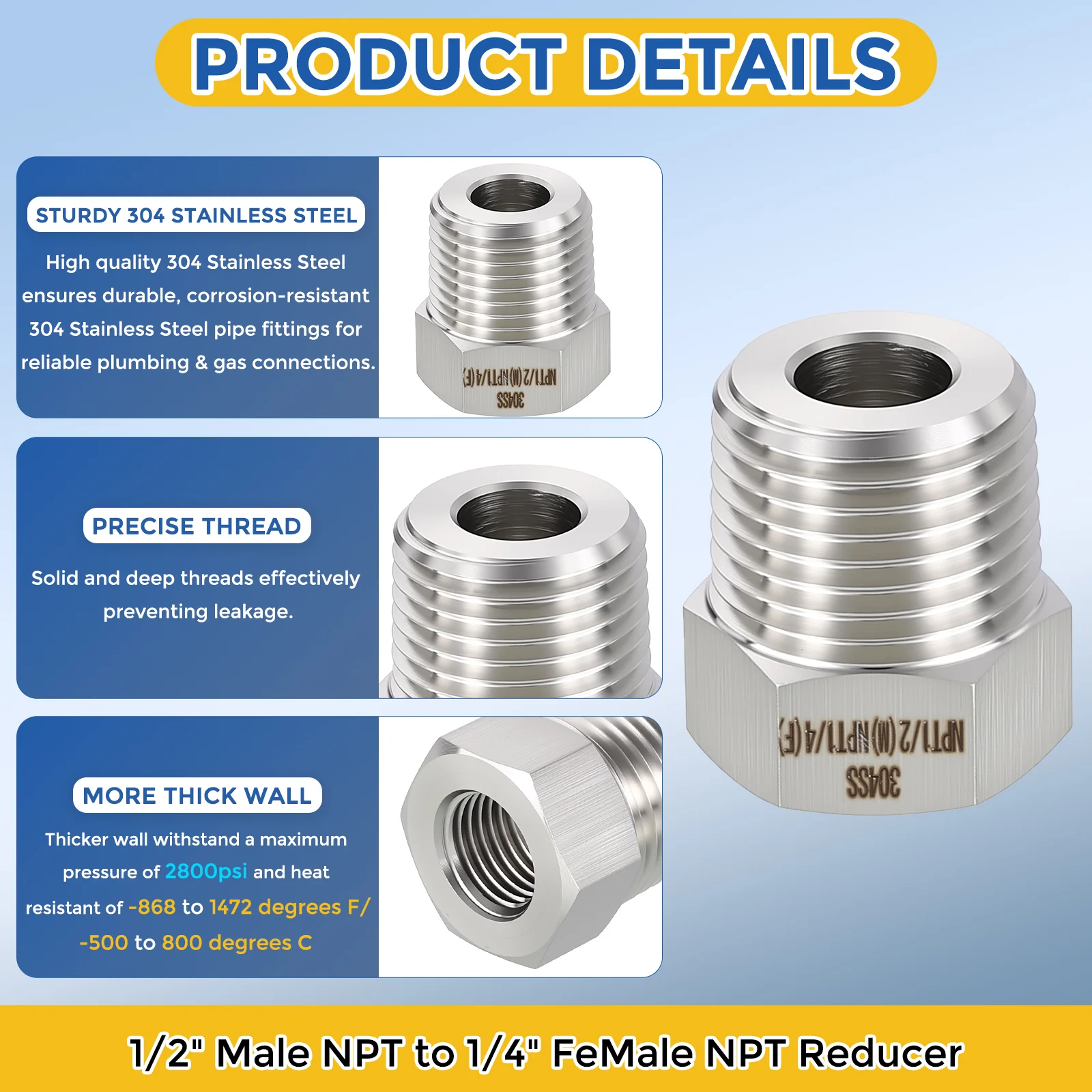 2 Pack 304 Stainless Steel Pipe Fitting, 1/2" Male NPT x 1/4" FeMale NPT Reducer - Image 4