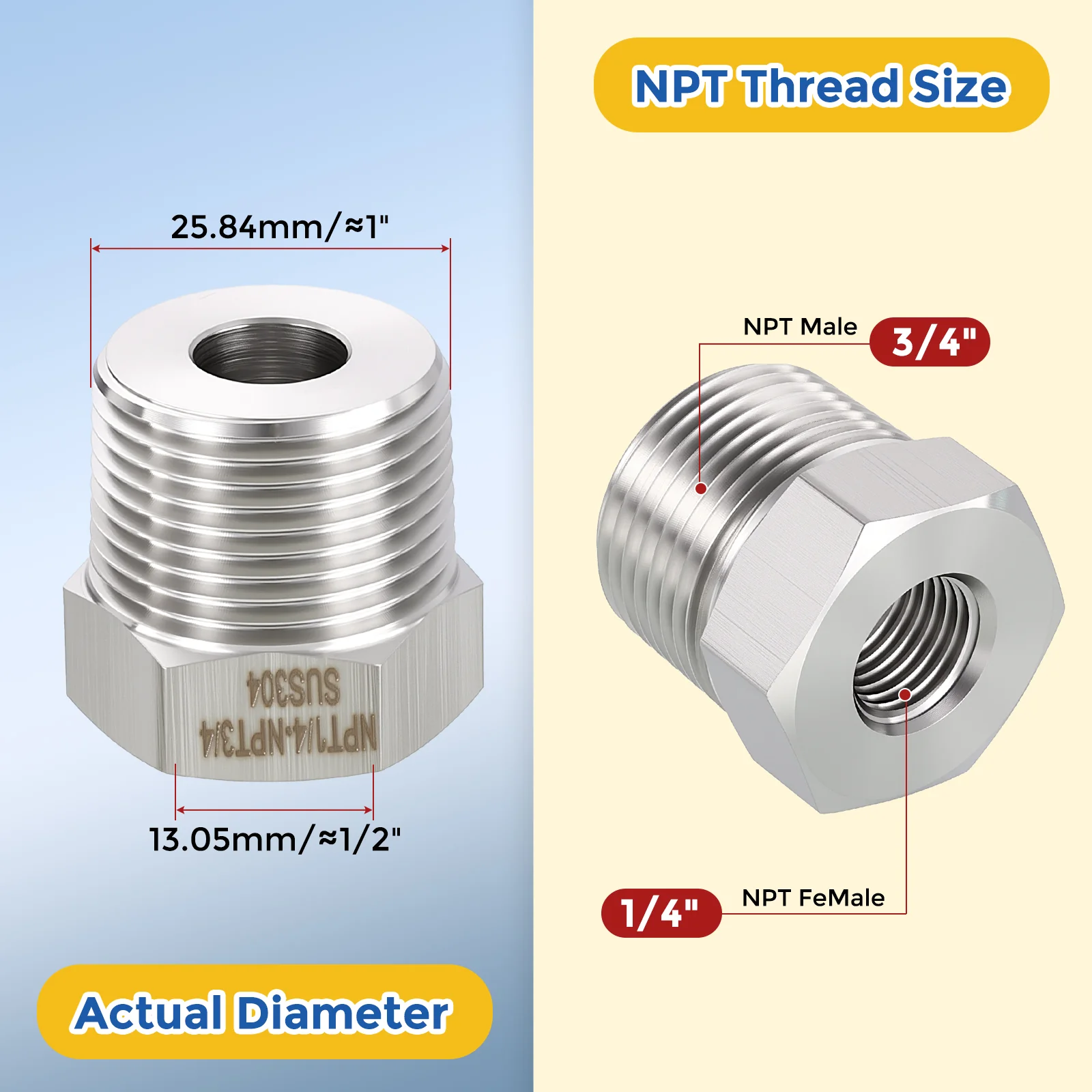 2 Pack 304 Stainless Steel Pipe Fitting, 3/4" Male NPT x 1/4" FeMale NPT Reducer - Image 2