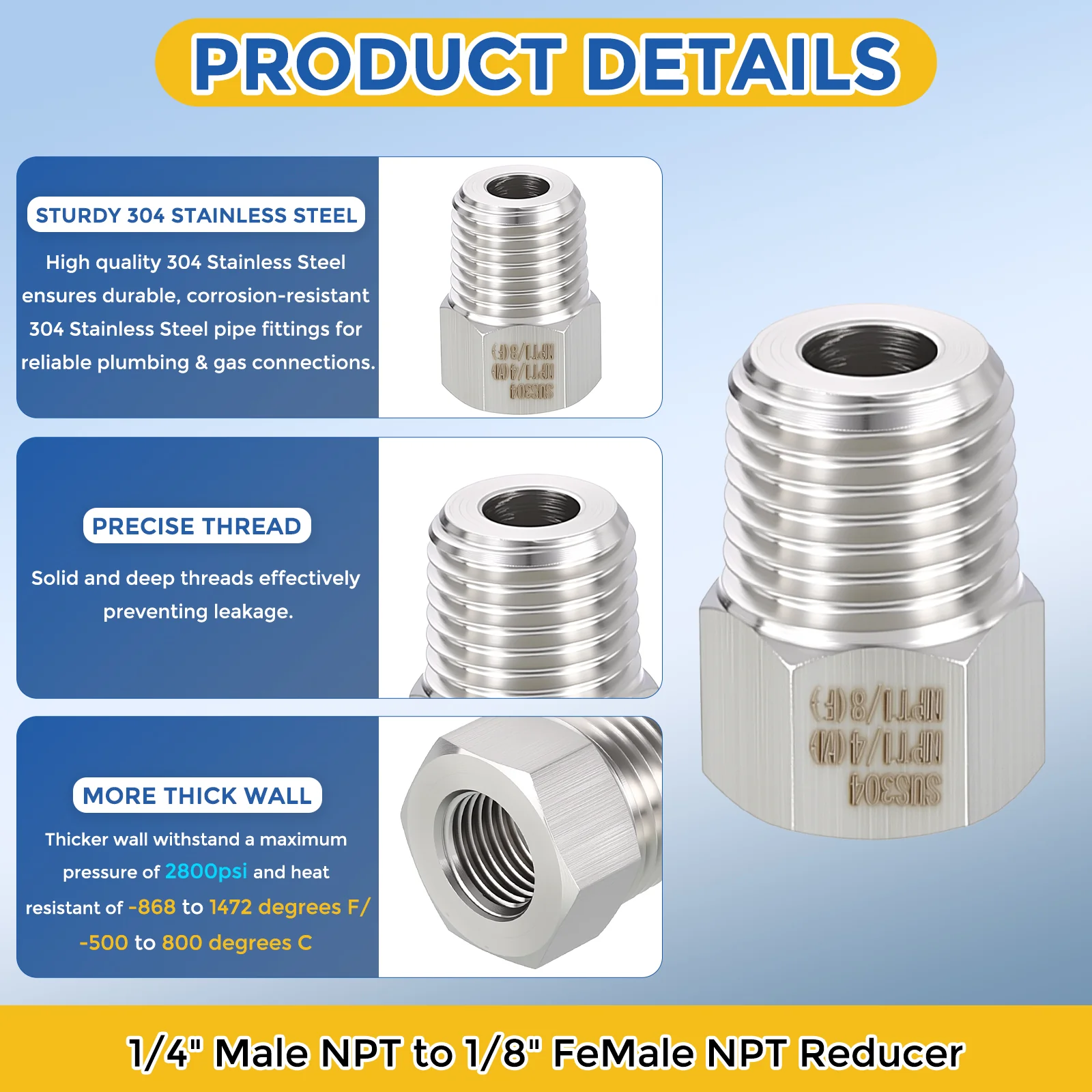 2 Pack 304 Stainless Steel Pipe Fitting, 1/4" Male NPT x 1/8" FeMale NPT Reducer - Image 4