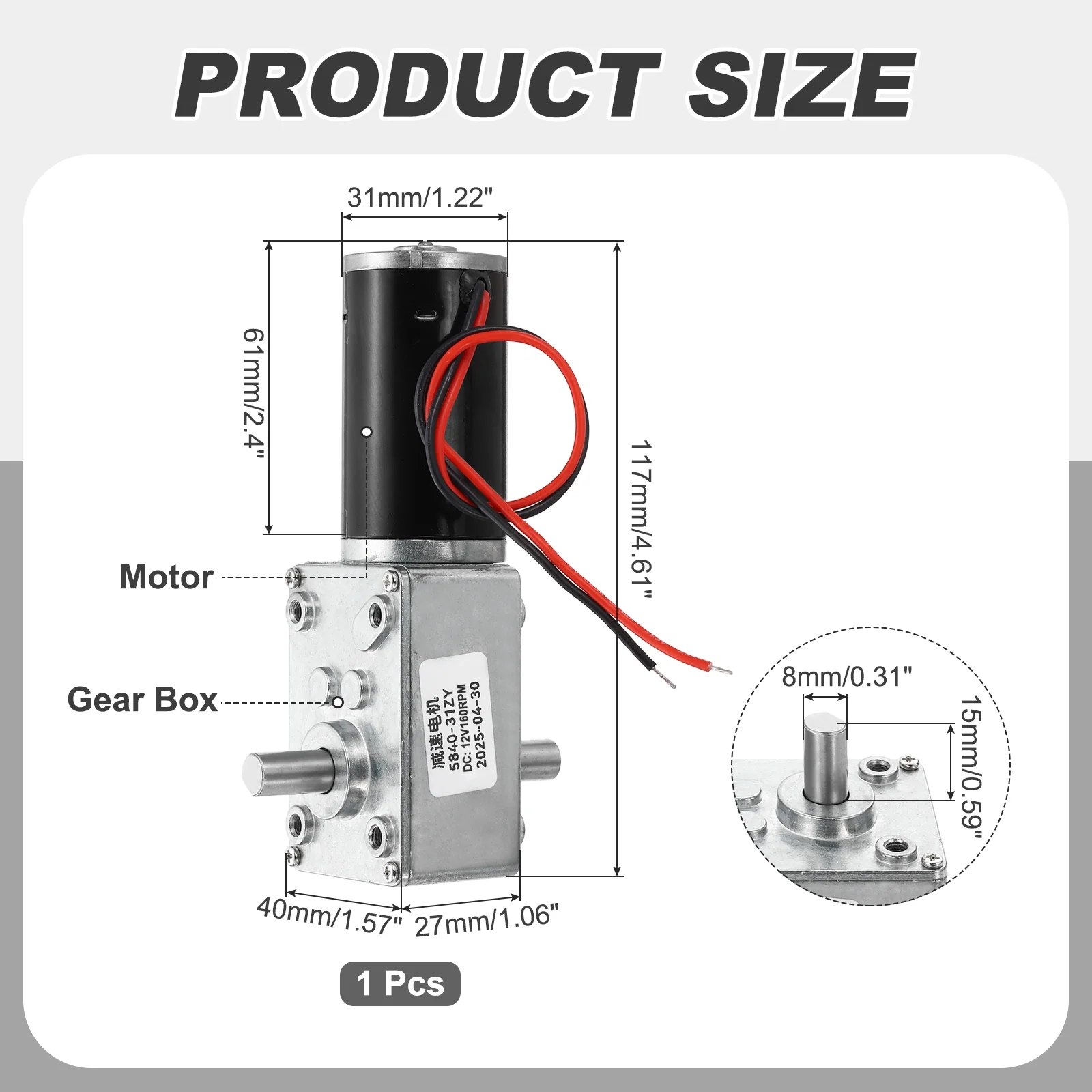 DC12V Worm Gear Motor, 160RPM 15mm D Shaft Speed Reduction - Image 2