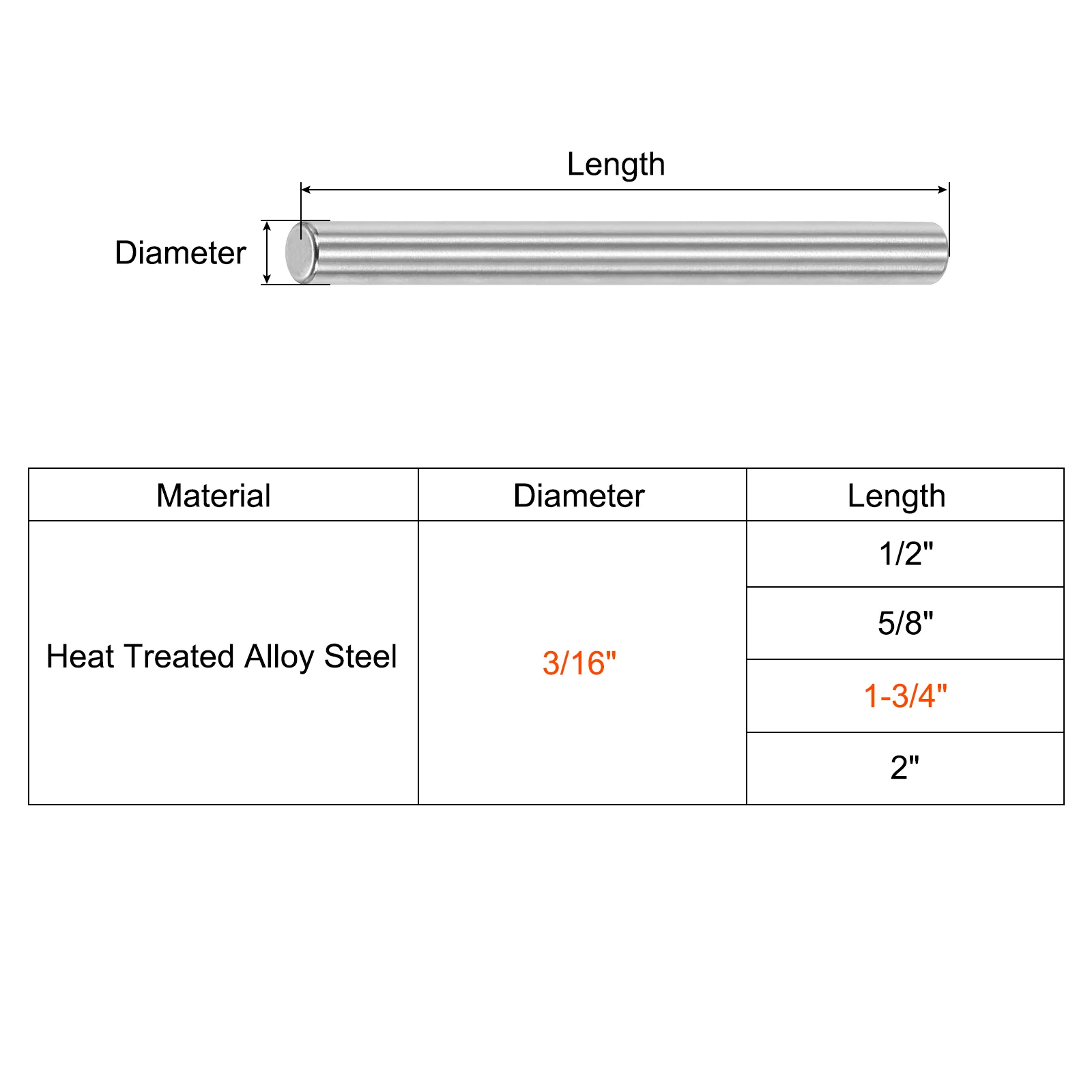 Uxcell 3/16-Inch x 1-3/4-Inch Dowel Pins, Heat Treated Alloy Steel Bright Finish 10pcs - Image 2