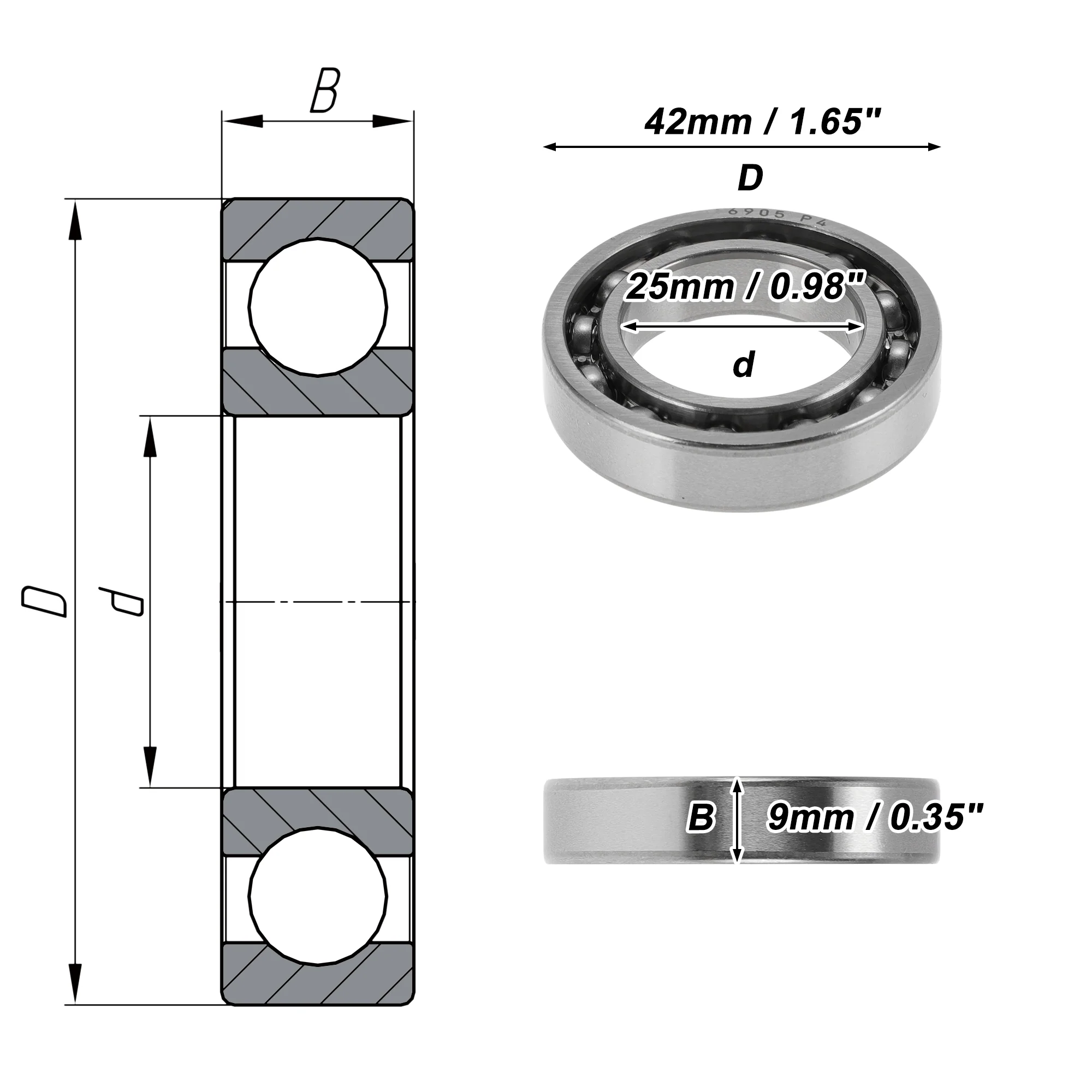 6905 Deep Groove Ball Bearings 25x42x9mm 1 Pcs Silver Tone - Image 4