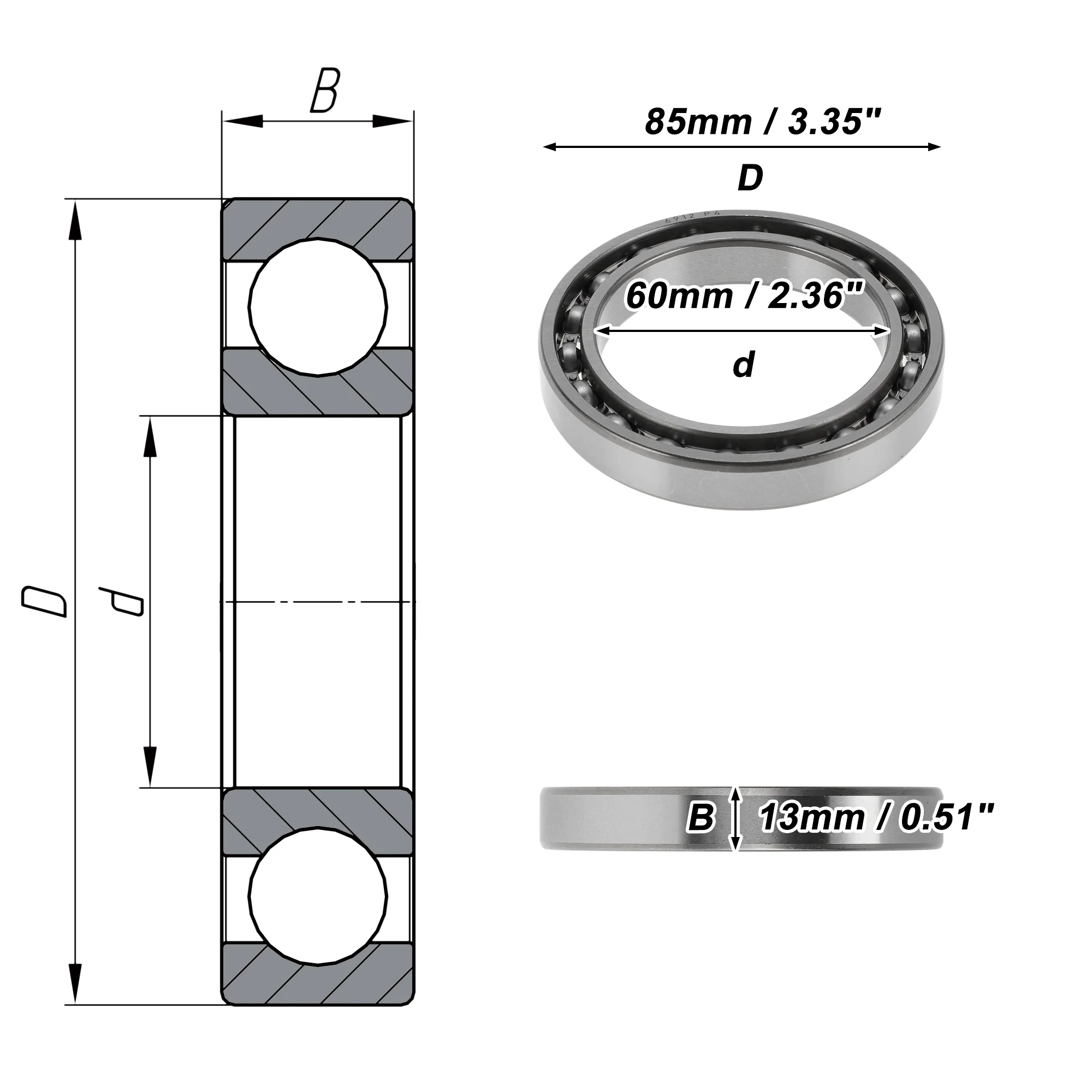 6912 Deep Groove Ball Bearings 60x85x13mm 1 Pcs Silver Tone - Image 4