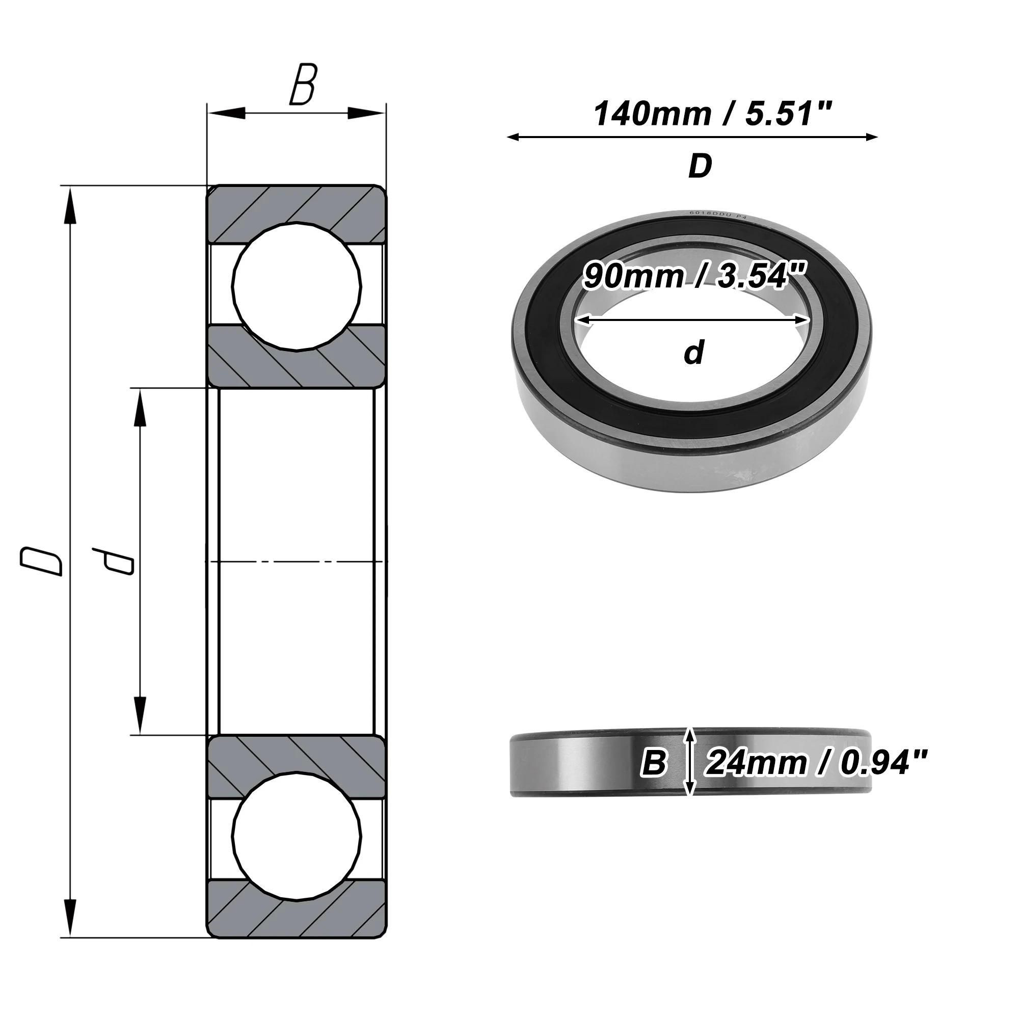 6018DDU Deep Groove Ball Bearings 90x140x24mm 1 Pcs Silver Tone - Image 4