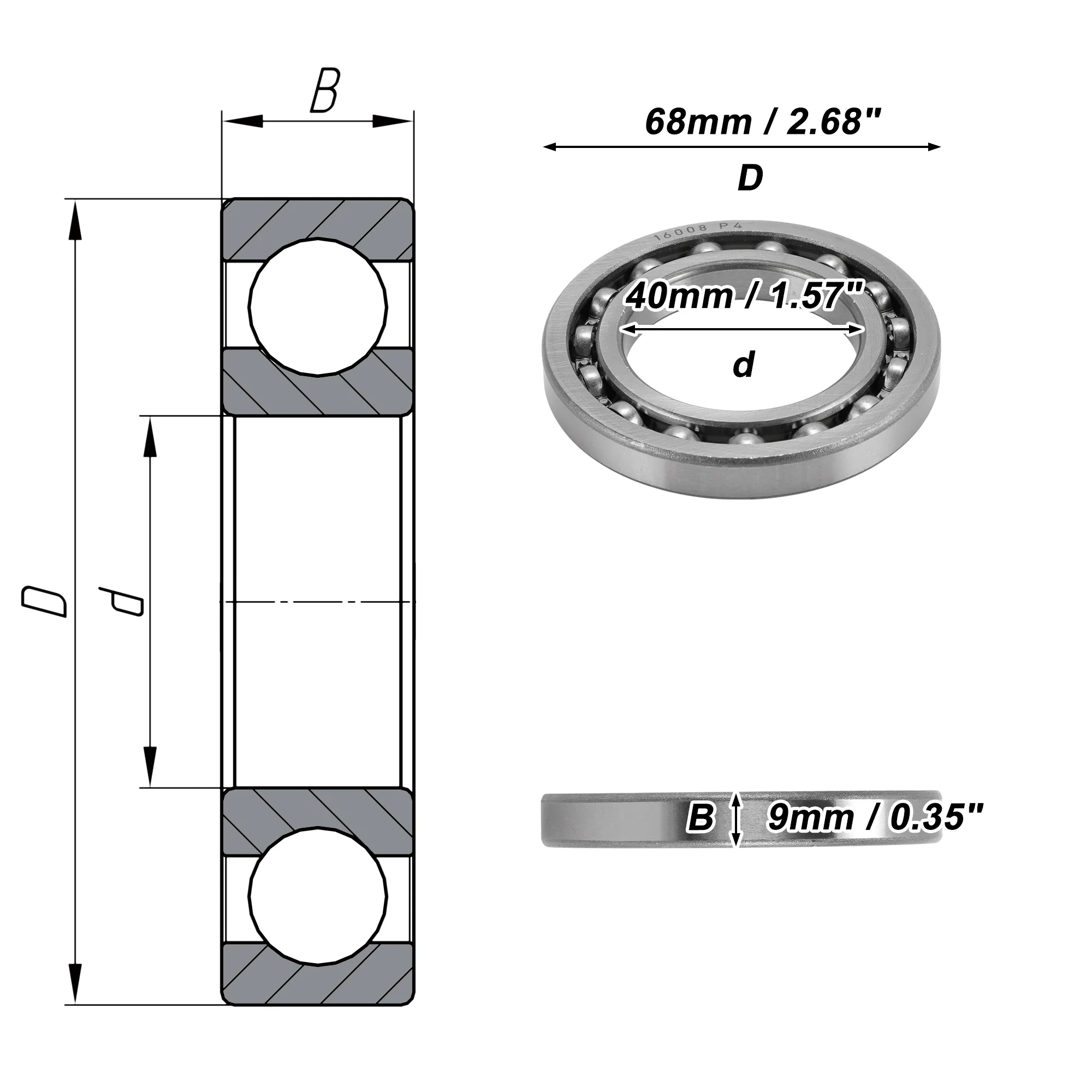 16008 Deep Groove Ball Bearings 40x68x9mm 1 Pcs Silver Tone - Image 4