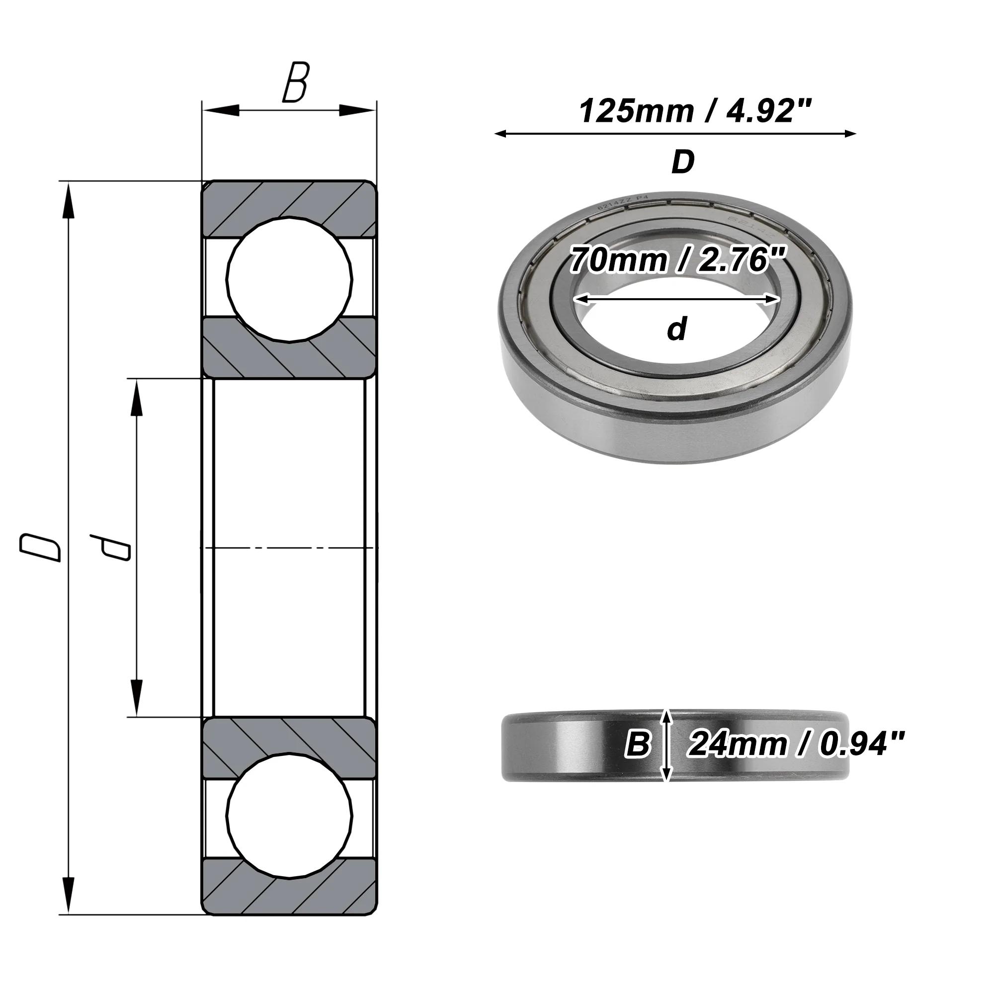 6214ZZ Deep Groove Ball Bearings 70x125x24mm 1 Pcs Silver Tone - Image 4