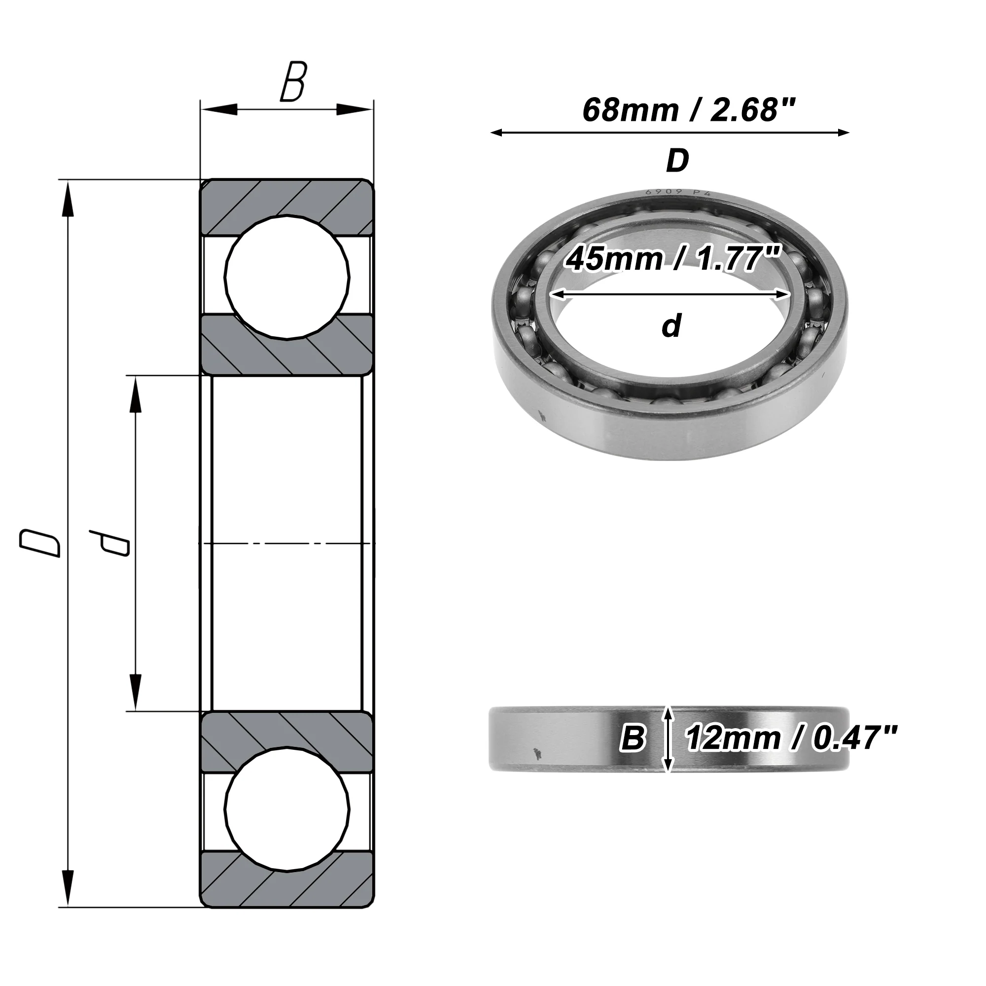 6909 Deep Groove Ball Bearings 45x68x12mm 1 Pcs Silver Tone - Image 4