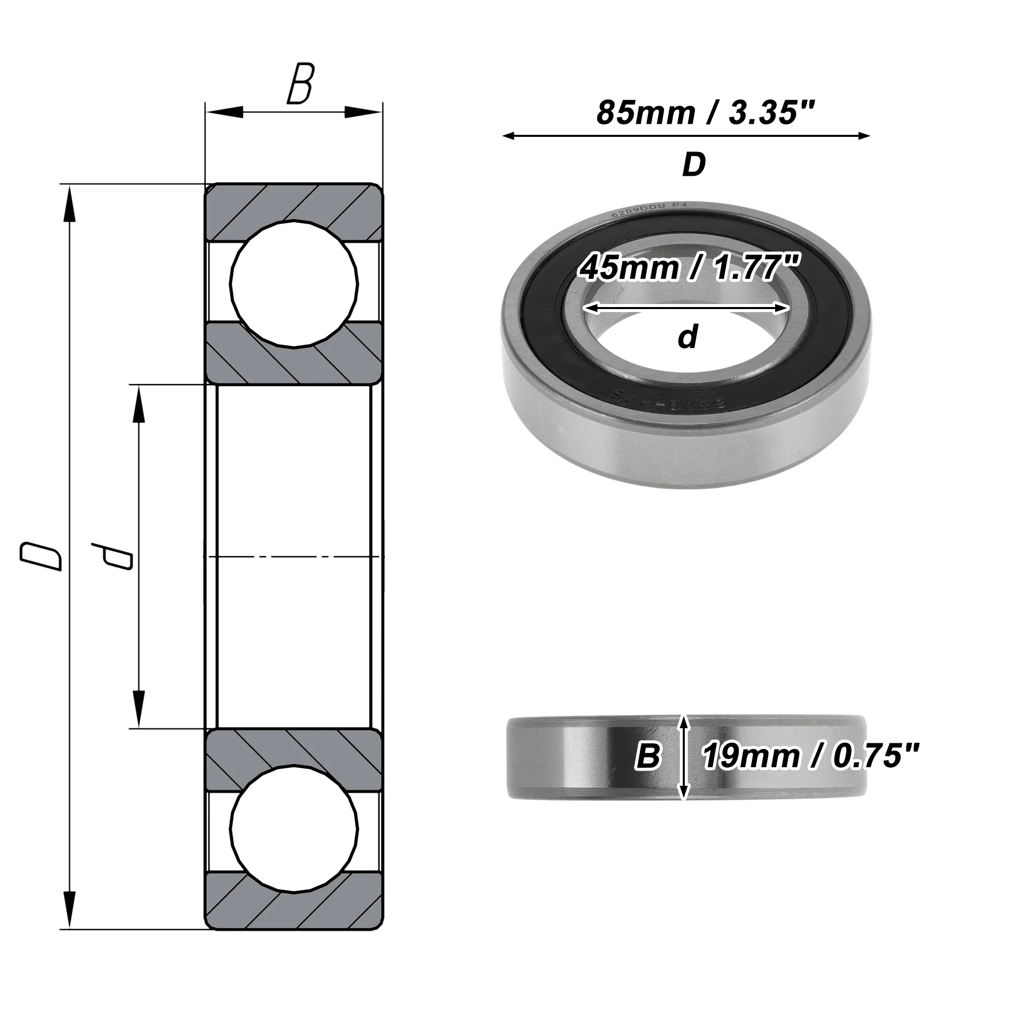6209DDU Deep Groove Ball Bearings 45x85x19mm 1 Pcs Silver Tone - Image 4