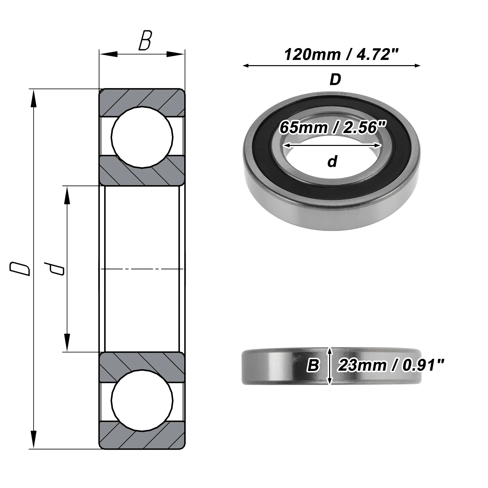 6213DDU Deep Groove Ball Bearings 65x120x23mm 1 Pcs Silver Tone - Image 4