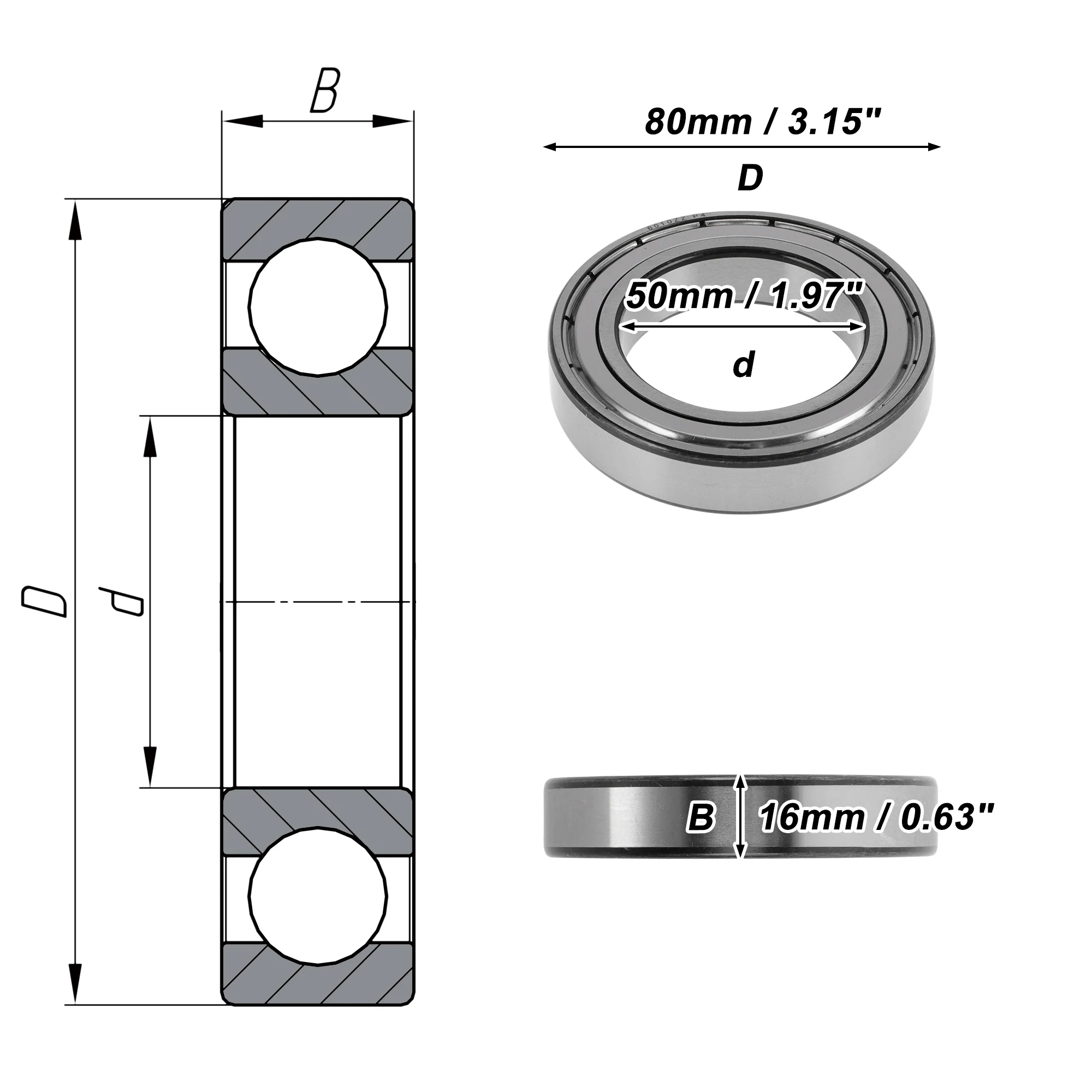 6010ZZ Deep Groove Ball Bearings 50x80x16mm 1 Pcs Silver Tone - Image 4