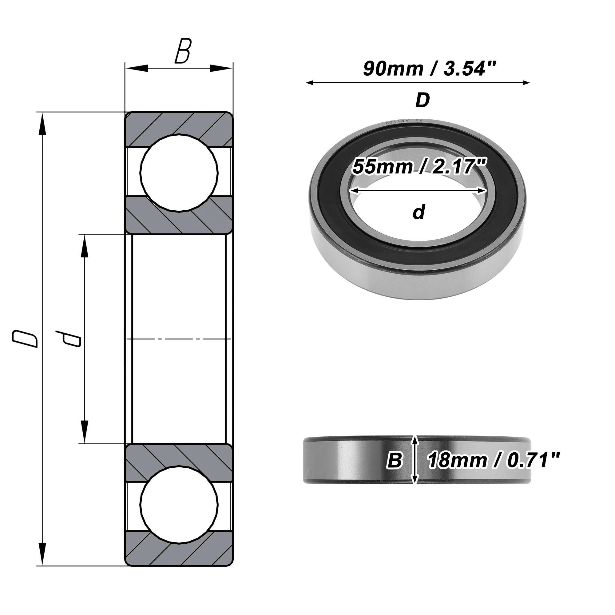 6011VV Deep Groove Ball Bearings 55x90x18mm 1 Pcs Silver Tone - Image 4