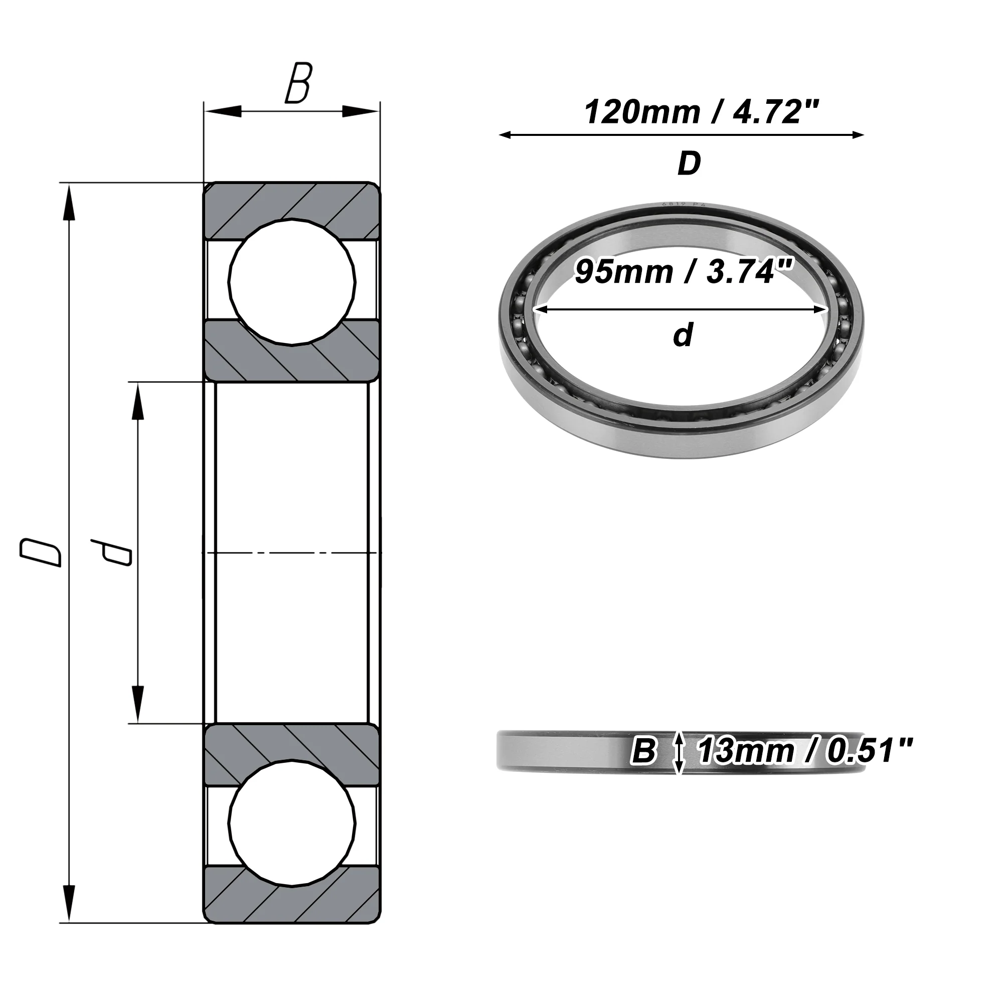 6819 Deep Groove Ball Bearings 95x120x13mm 1 Pcs Silver Tone - Image 4