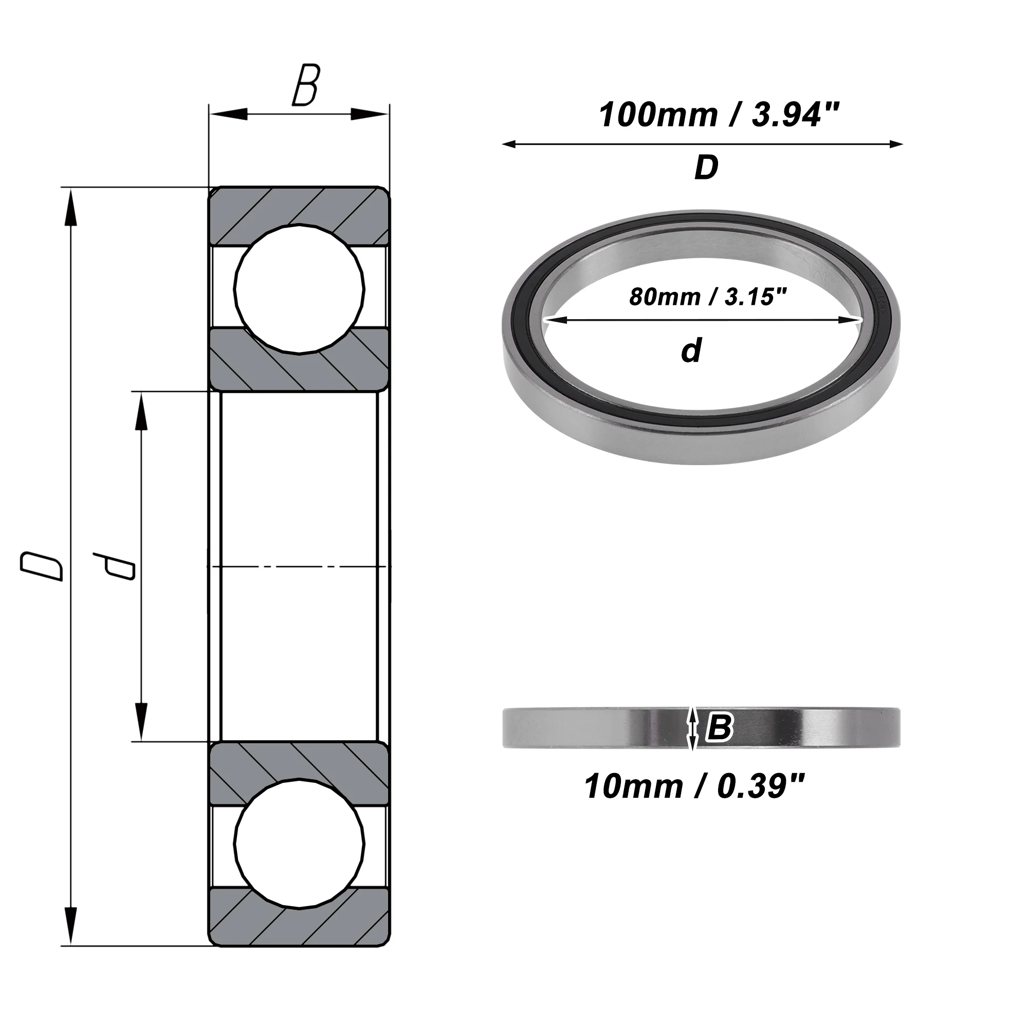 6816DDU Deep Groove Ball Bearings 80x100x10mm Silver Tone Black - Image 4