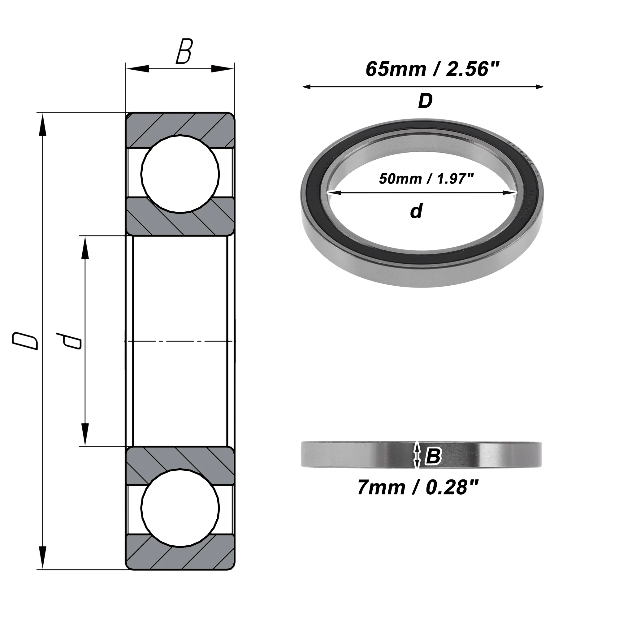 6810DDU Deep Groove Ball Bearings 50x65x7mm Silver Tone Black - Image 4