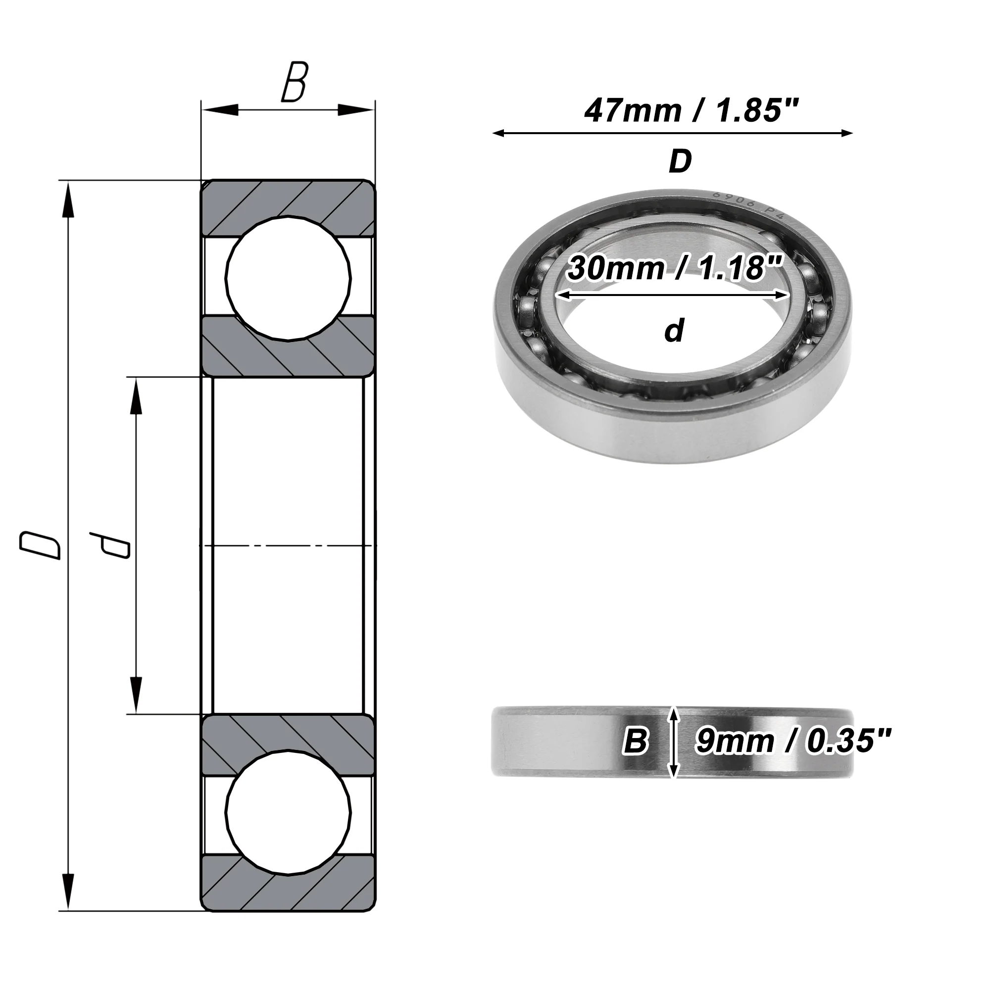 6906 Deep Groove Ball Bearings 30x47x9mm 1 Pcs Silver Tone - Image 4