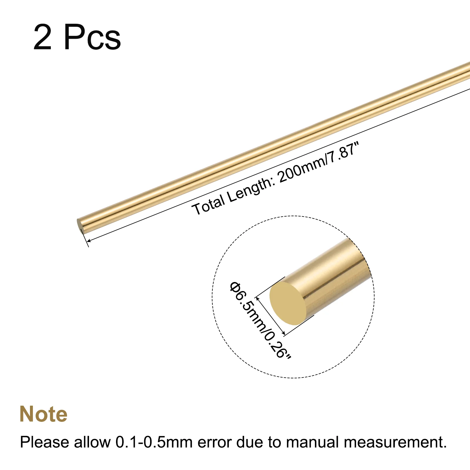 6.5mm Diameter 200mm Length Brass Solid Round Rod for DIY Craft 2Pcs - Image 2