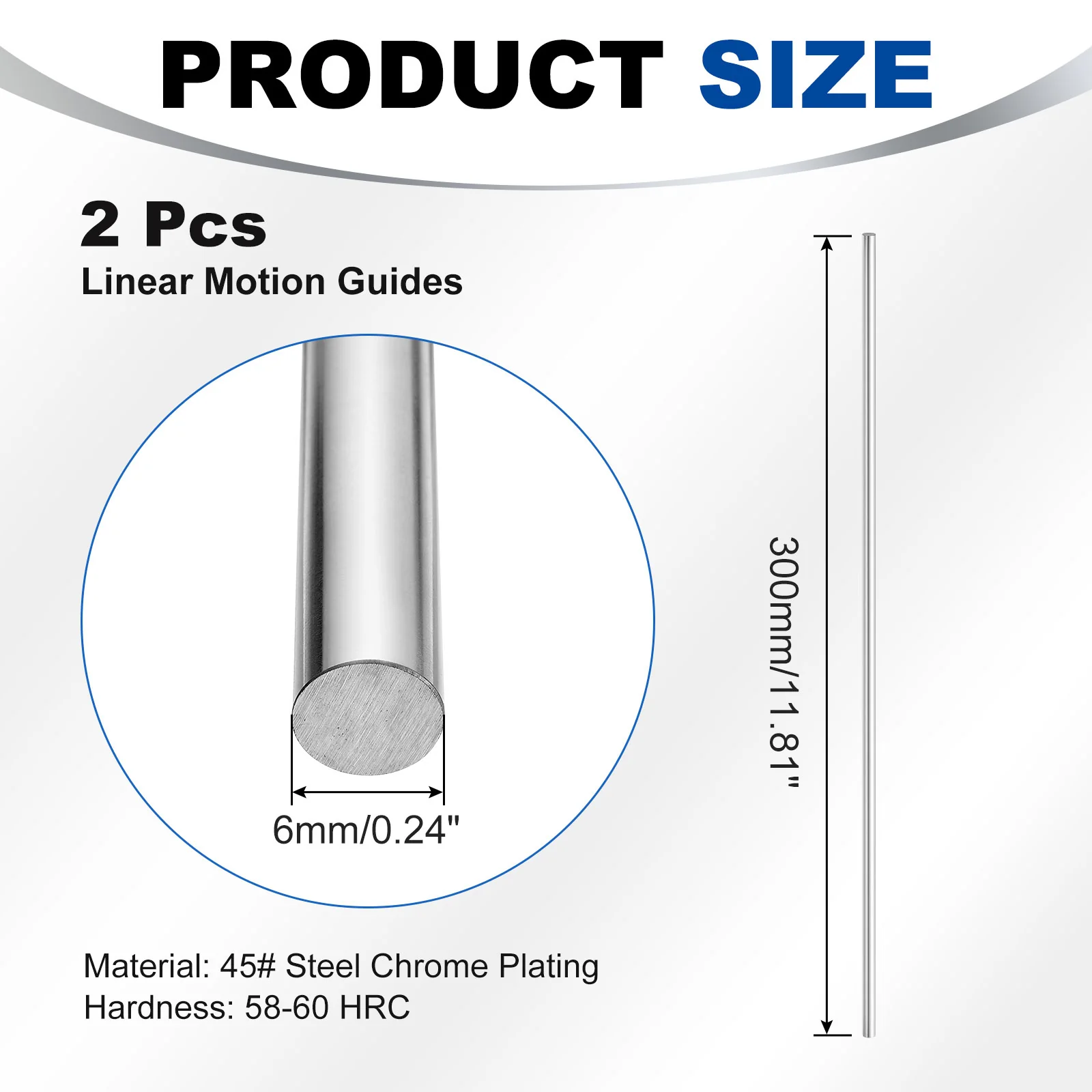 Linear Motion Rods, 2Pcs 6mm x 300mm(0.24"x11.81") Linear Rail Rod Shaft Guide - Image 2