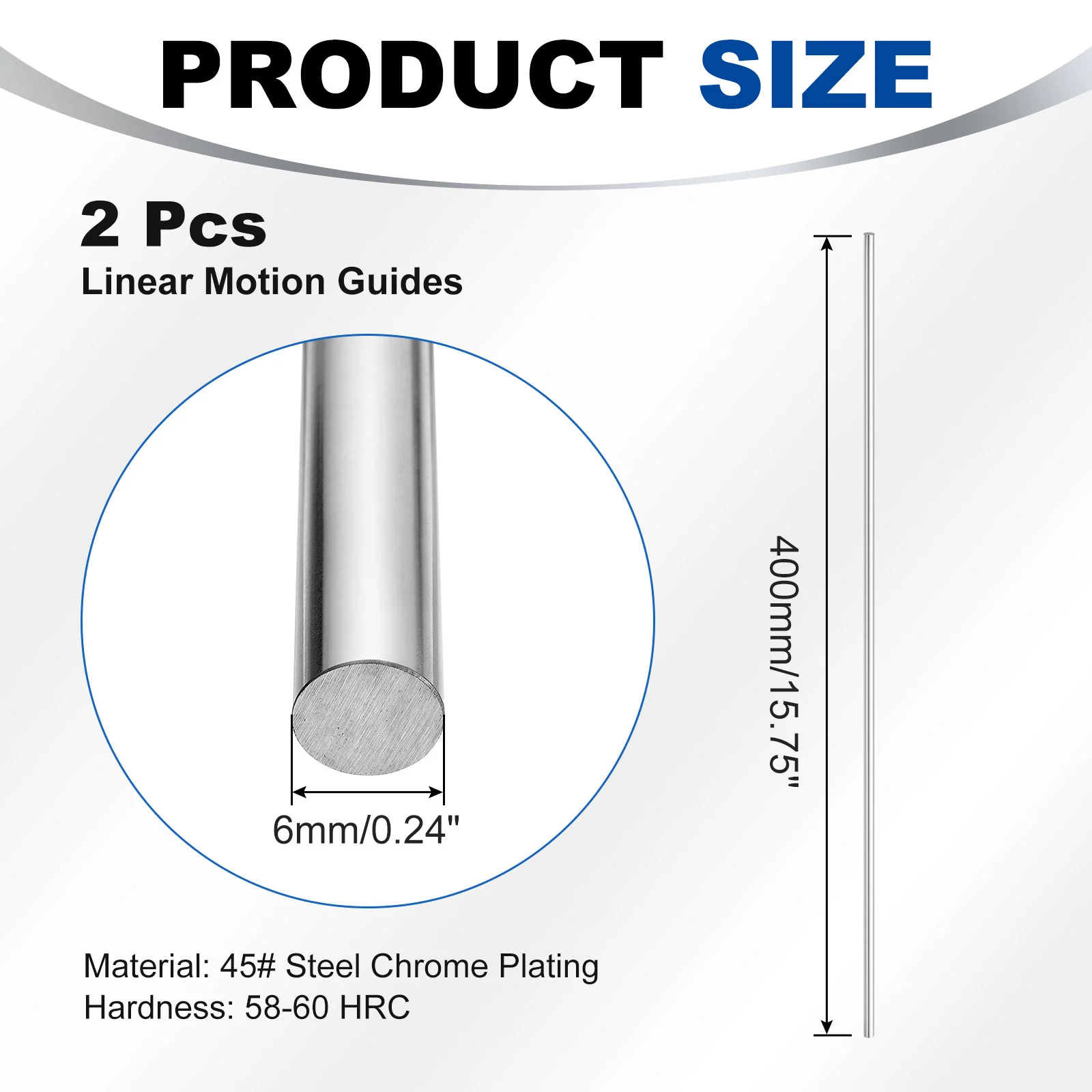 Linear Motion Rods, 2Pcs 6mm x 400mm(0.24"x15.75") Linear Rail Rod Shaft Guide - Image 2