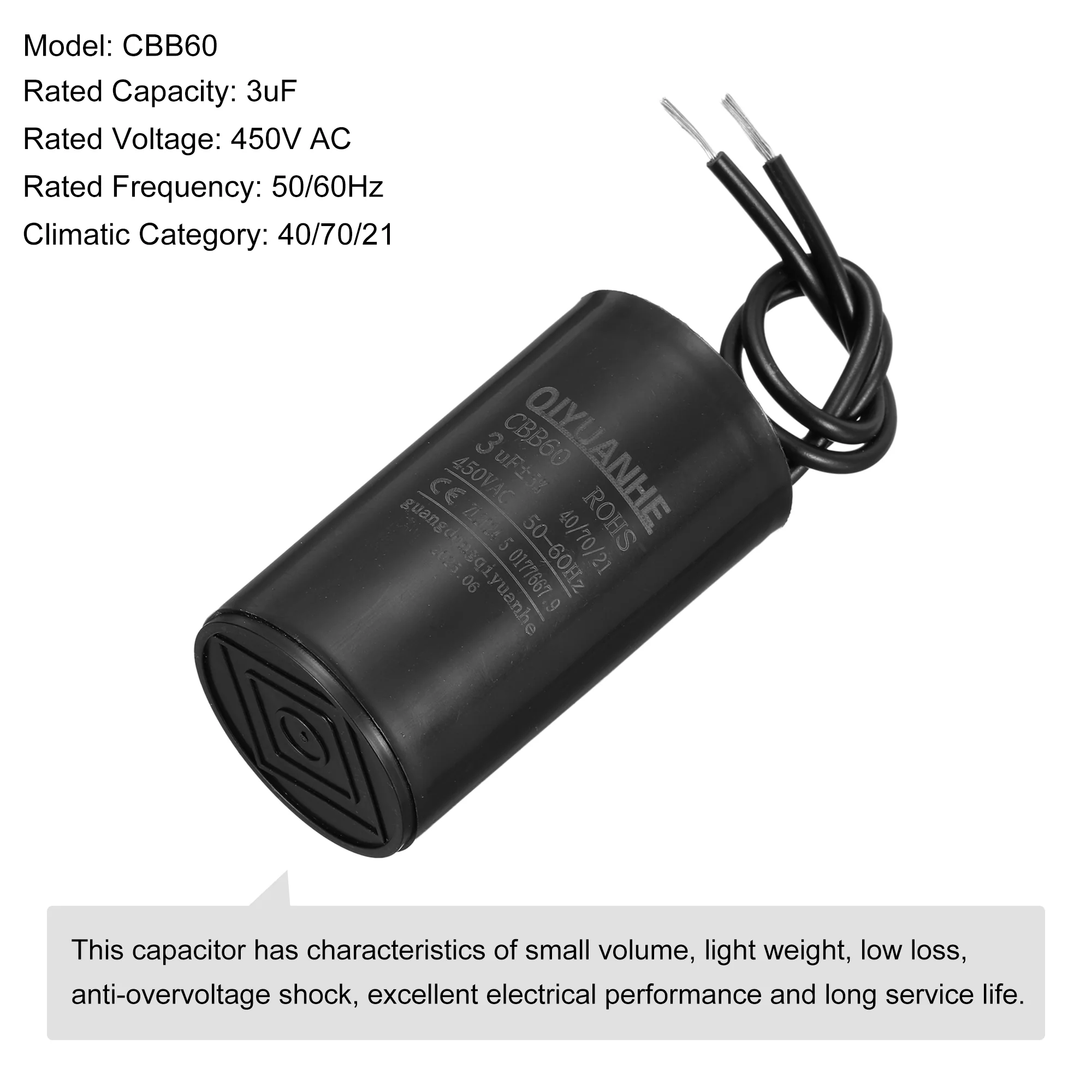CBB60 Run Capacitor 3uF 450V AC 2 Wires 50/60Hz Cylinder 34x60mmmm - Image 3