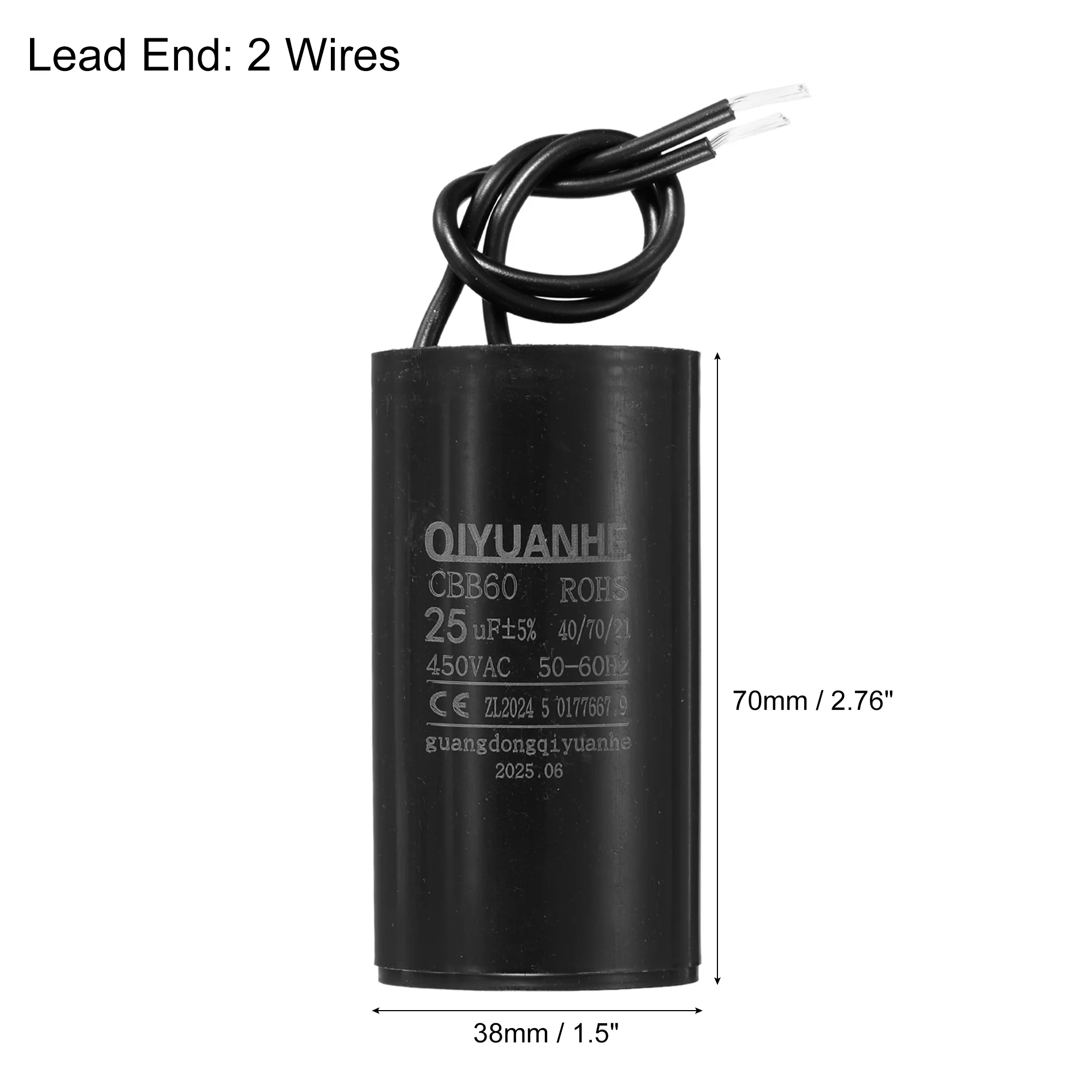 CBB60 Run Capacitor 25uF 450V AC 2 Wires 50/60Hz Cylinder 38x70mmmm - Image 2