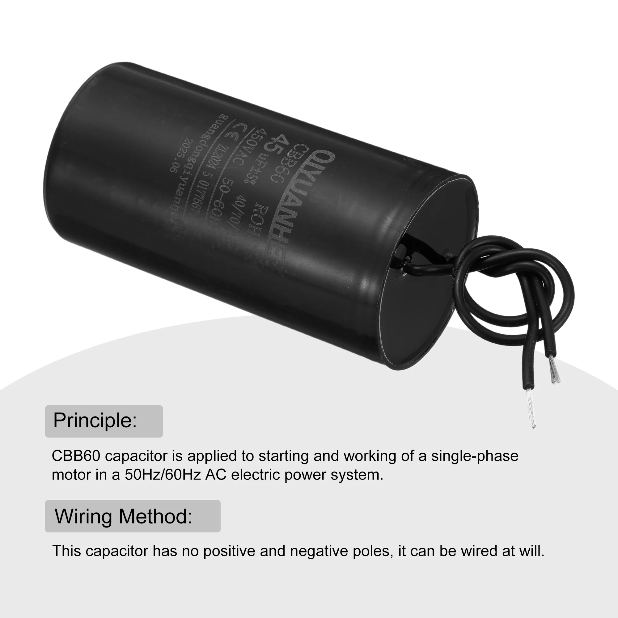 CBB60 Run Capacitor 45uF 450V AC 2 Wires 50/60Hz Cylinder 50x100mmmm - Image 4