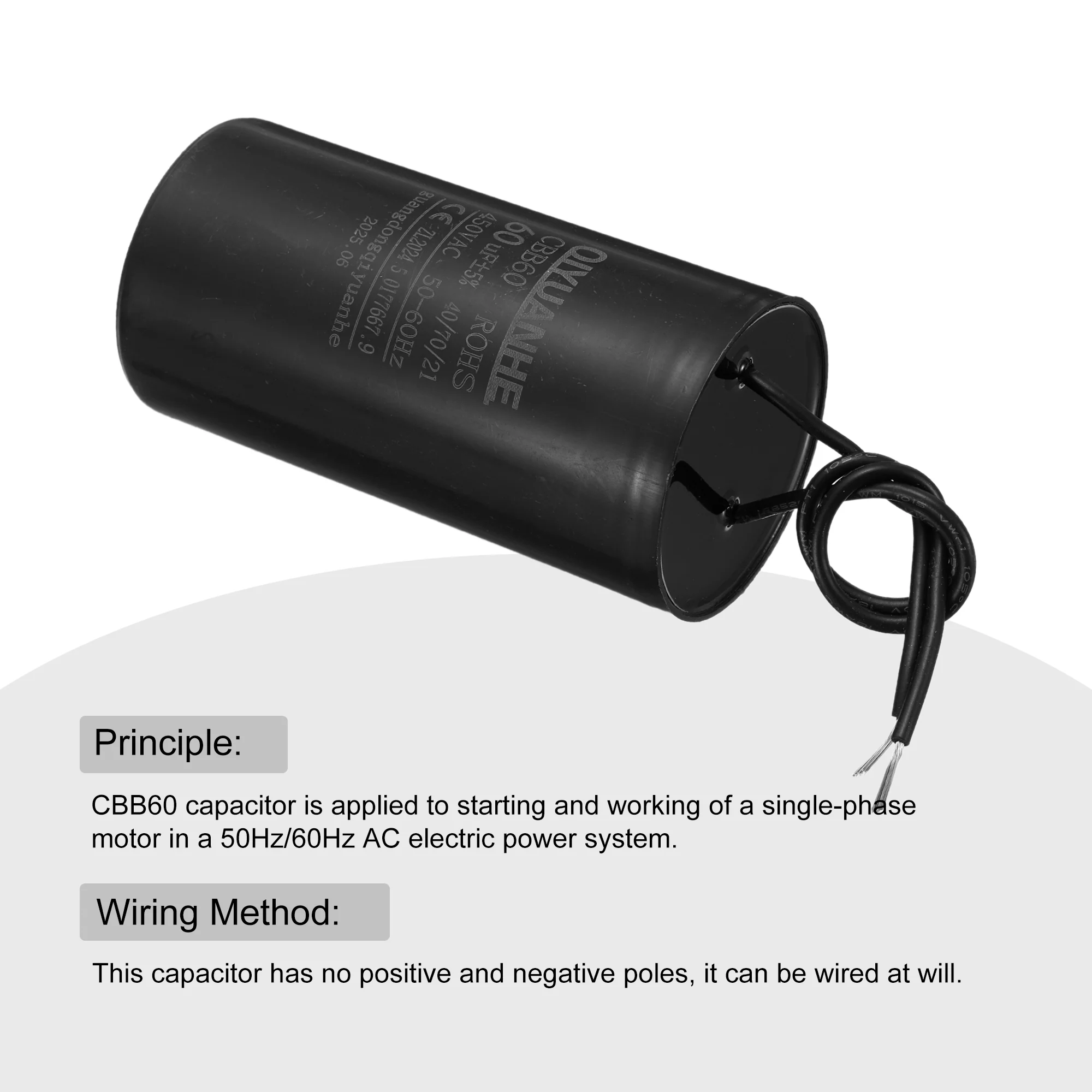 CBB60 Run Capacitor 60uF 450V AC 2 Wires 50/60Hz Cylinder 50x100mmmm - Image 4