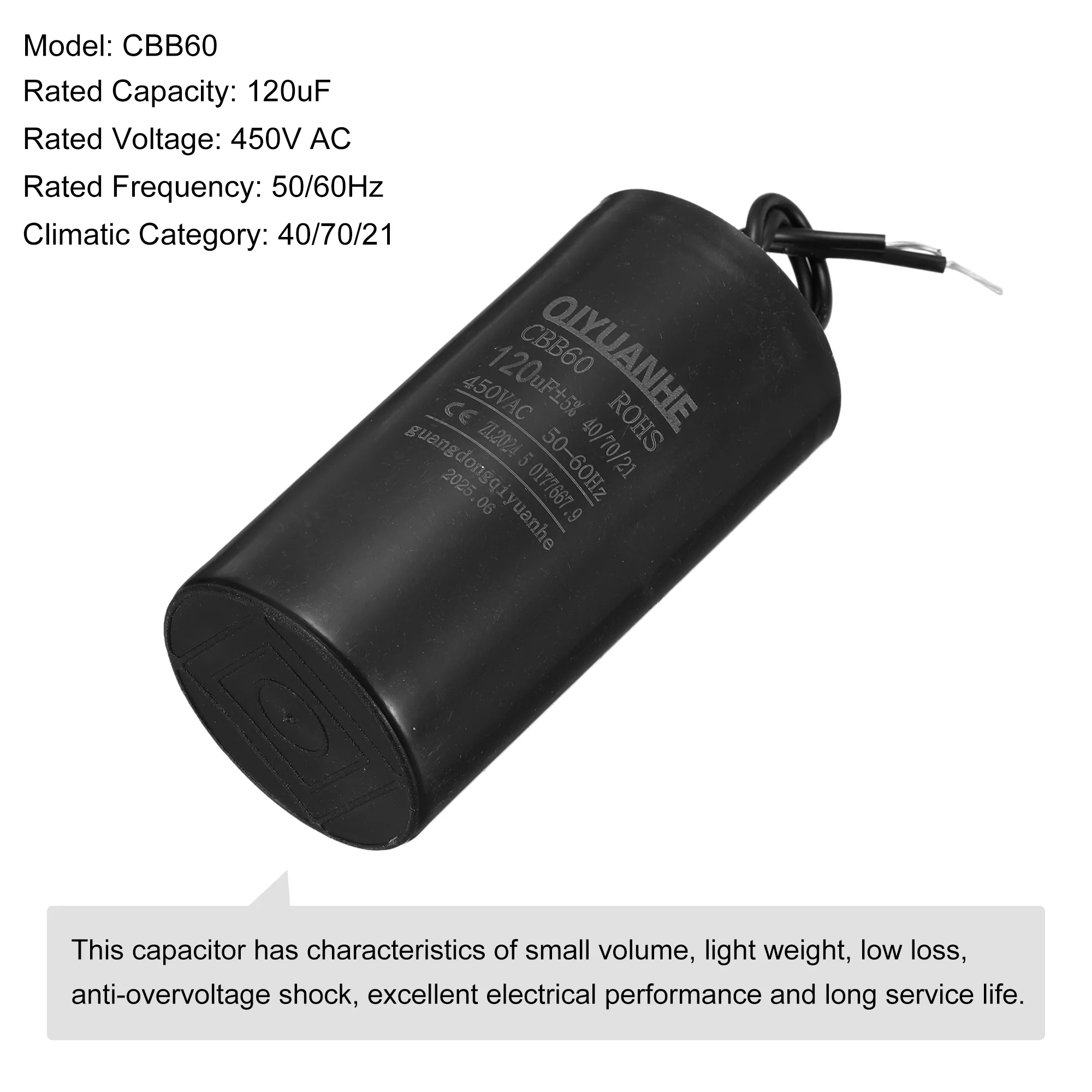 CBB60 Run Capacitor 120uF 450V AC 2 Wires 50/60Hz Cylinder 50x100mmmm - Image 3