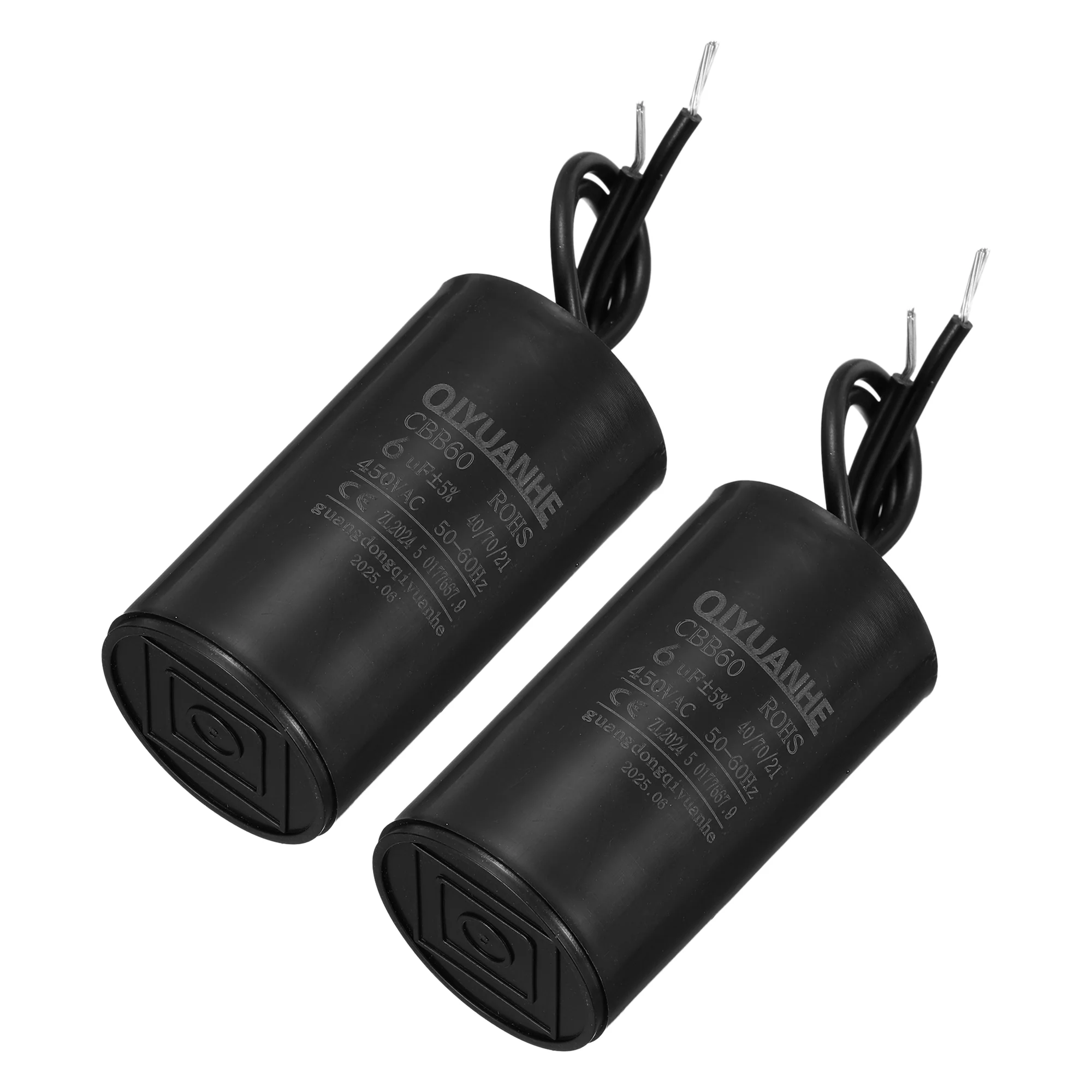 2 Pcs CBB60 Run Capacitor 6uF 450V AC 2 Wires 50/60Hz Cylinder 34x60mmmm