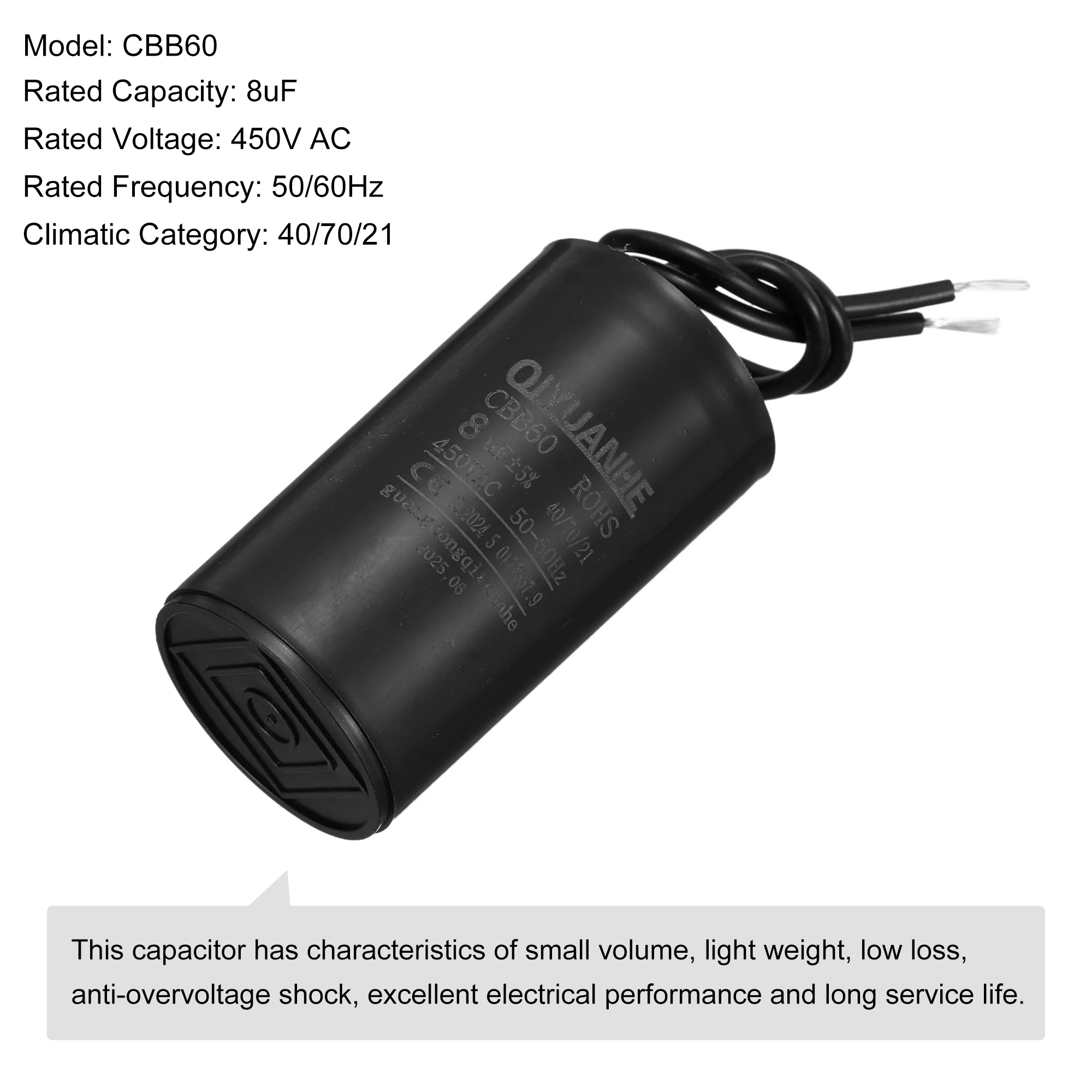 2 Pcs CBB60 Run Capacitor 8uF 450V AC 2 Wires 50/60Hz Cylinder 34x60mmmm - Image 3