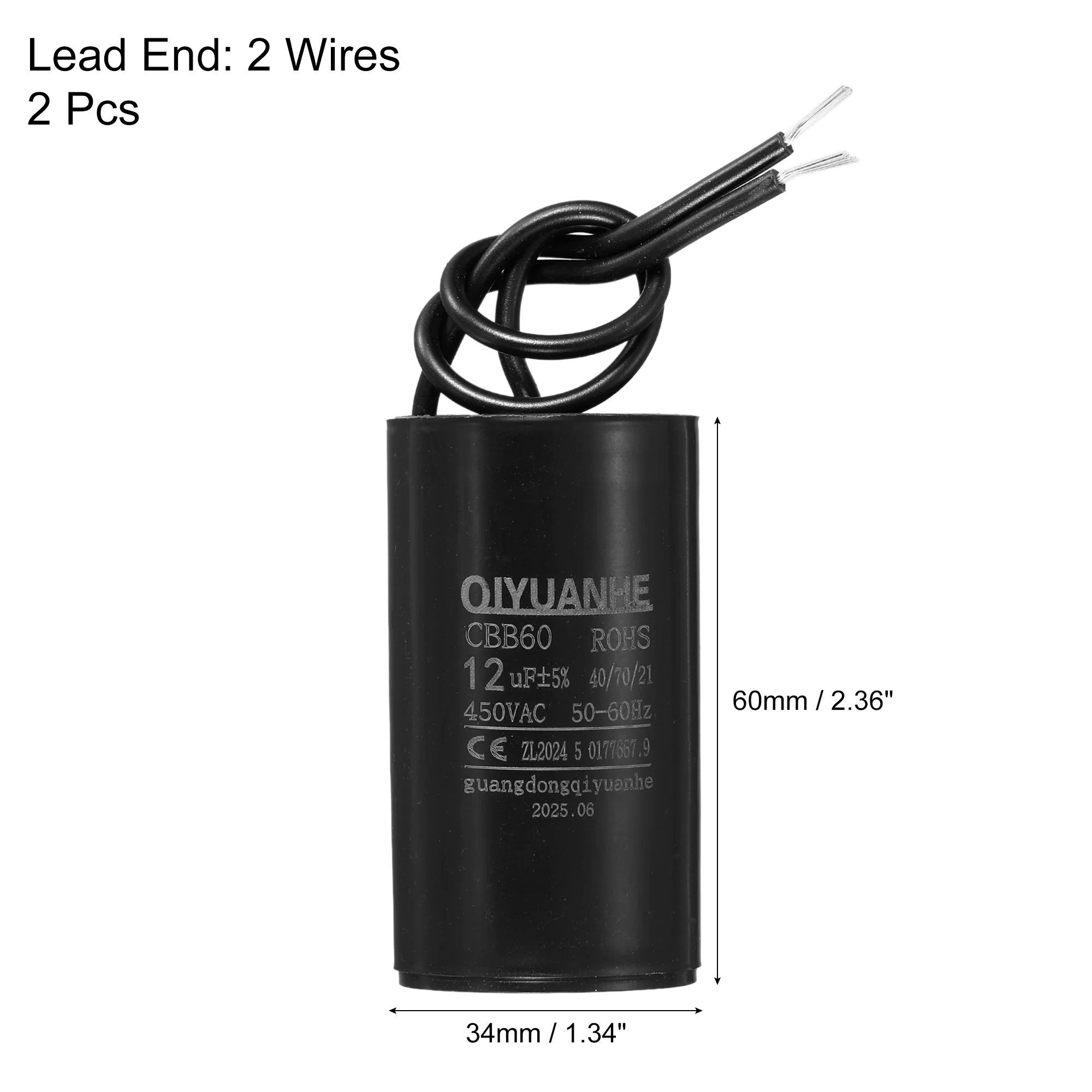 2 Pcs CBB60 Run Capacitor 12uF 450V AC 2 Wires 50/60Hz Cylinder 34x60mmmm - Image 2