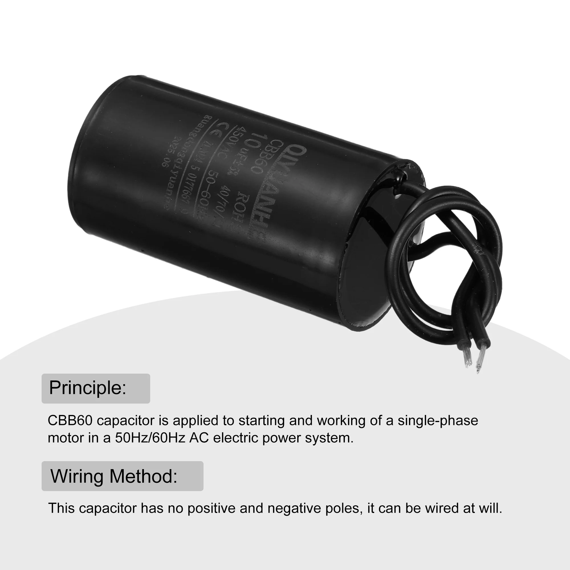 2 Pcs CBB60 Run Capacitor 10uF 450V AC 2 Wires 50/60Hz Cylinder 34x60mmmm - Image 4