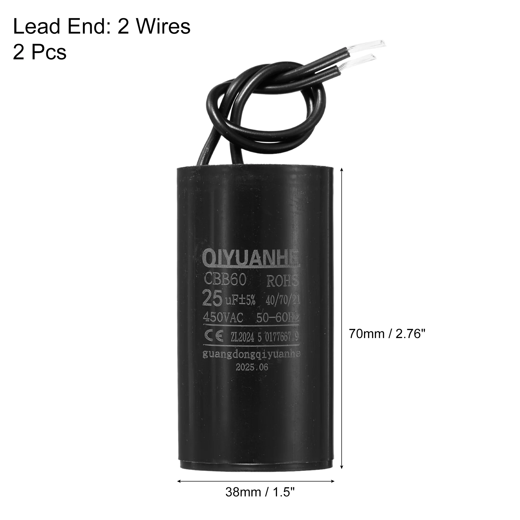 2 Pcs CBB60 Run Capacitor 25uF 450V AC 2 Wires 50/60Hz Cylinder 38x70mmmm - Image 2
