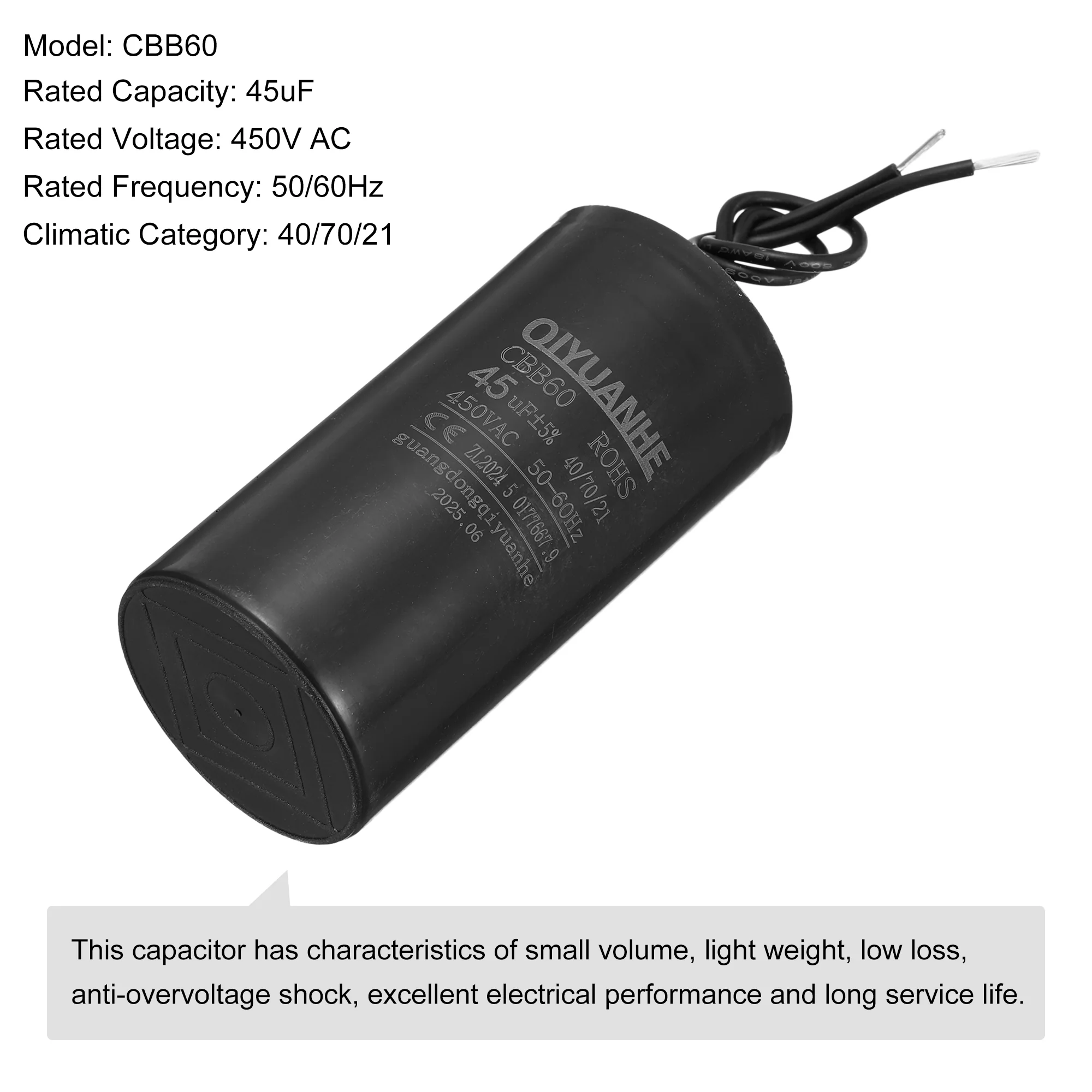 2 Pcs CBB60 Run Capacitor 45uF 450V AC 2 Wires 50/60Hz Cylinder 50x100mmmm - Image 3