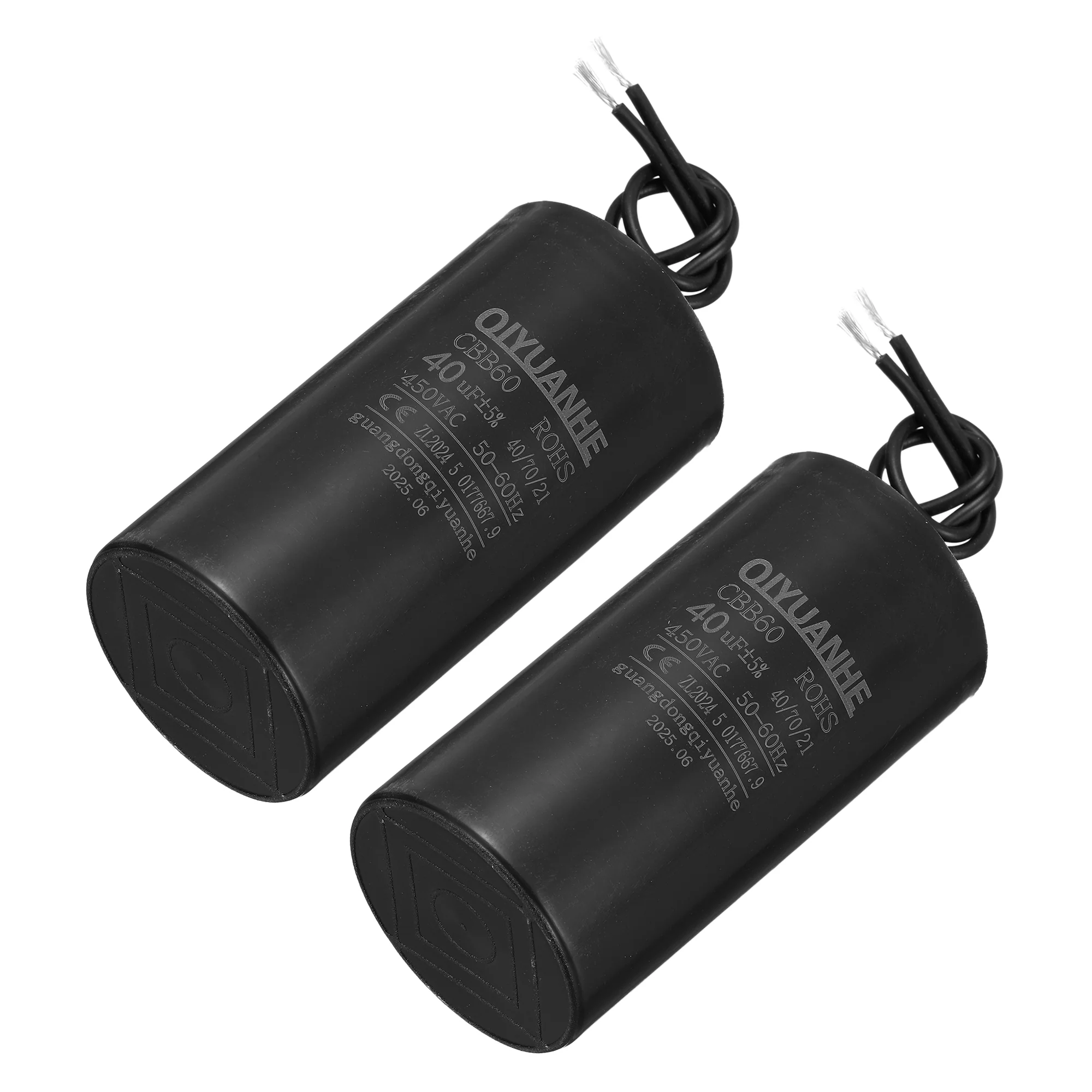 2 Pcs CBB60 Run Capacitor 40uF 450V AC 2 Wires 50/60Hz Cylinder 50x100mmmm