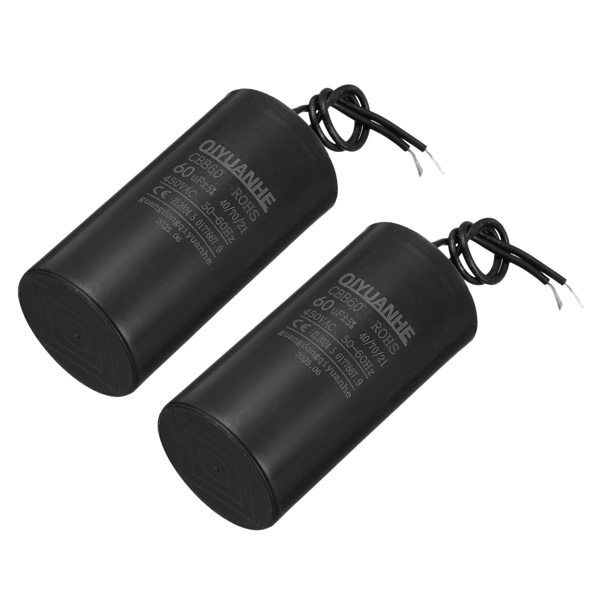 2 Pcs CBB60 Run Capacitor 60uF 450V AC 2 Wires 50/60Hz Cylinder 50x100mmmm