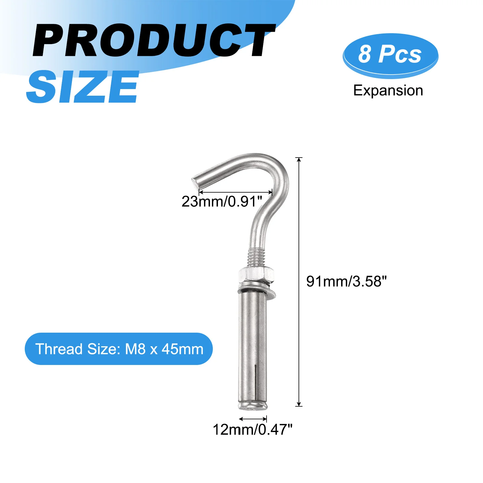 8 Pcs M8x45mm Expansion Concrete Wall Anchors Eye Bolts Standard Open Hook - Image 2