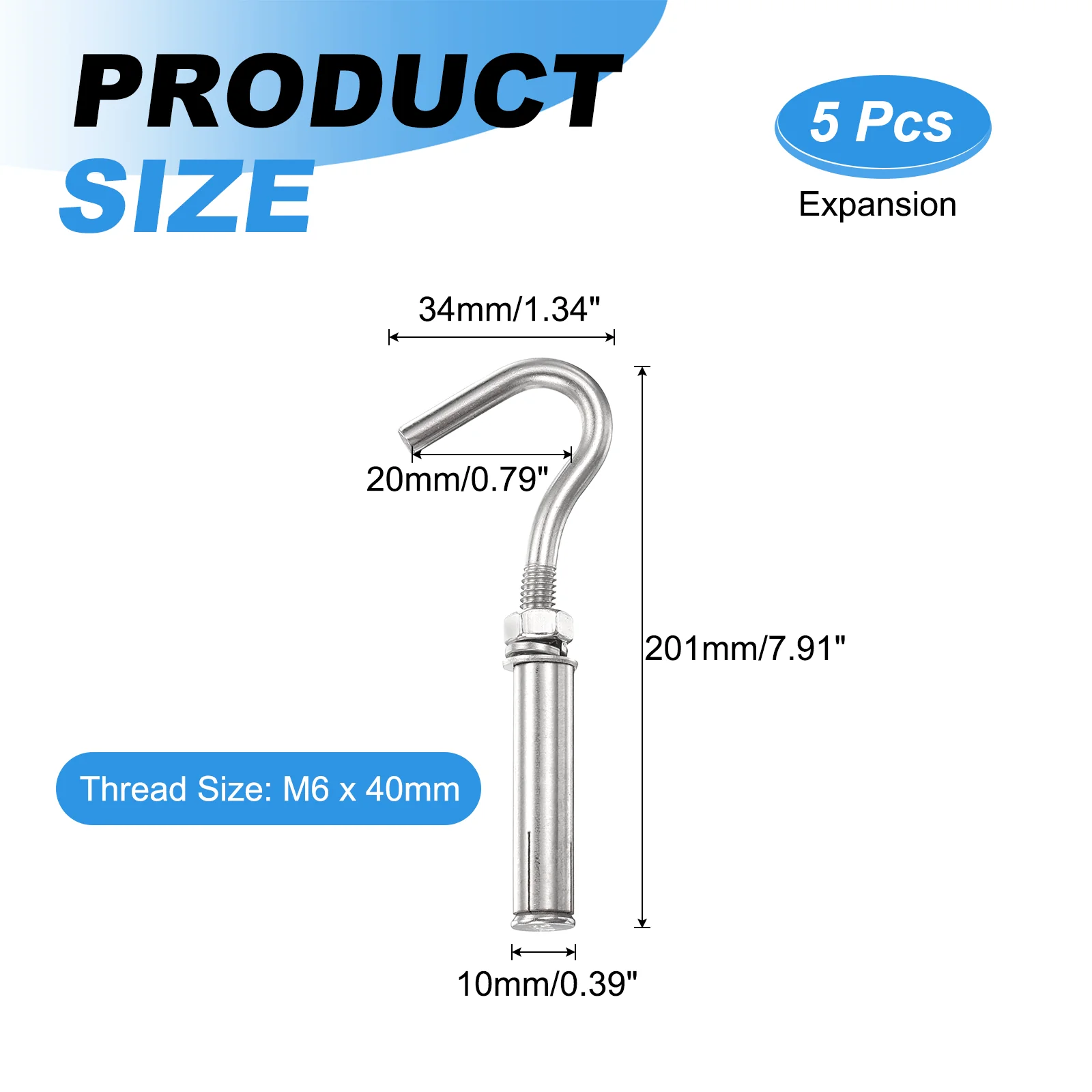 5 Pcs M6x40mm Expansion Concrete Wall Anchors Eye Bolts Standard Open Hook - Image 2