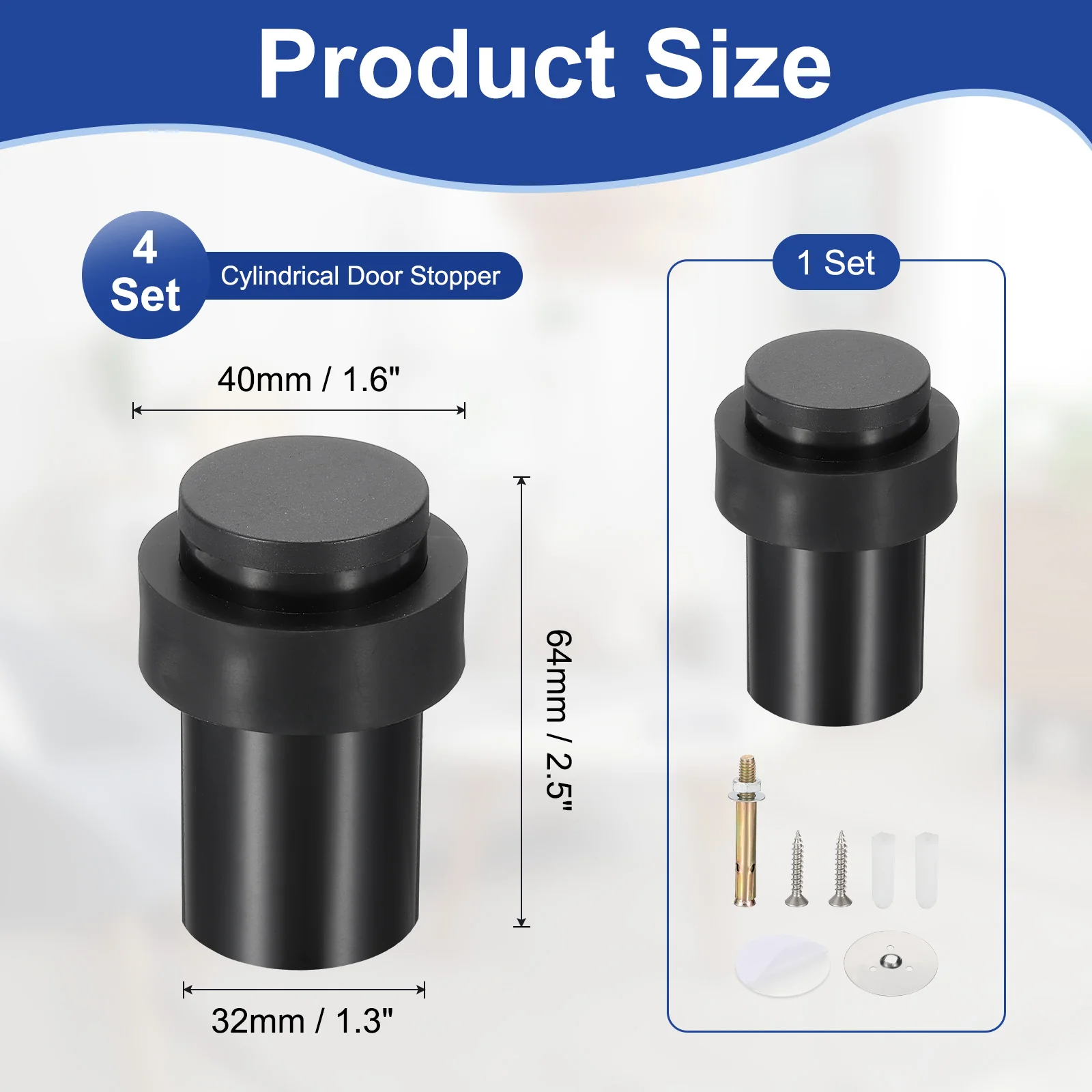 Uxcell 4 Set Cylindrical Door Stopper, 2.5" Height Rubber Bumper Floor Door Stop, Black - Image 2