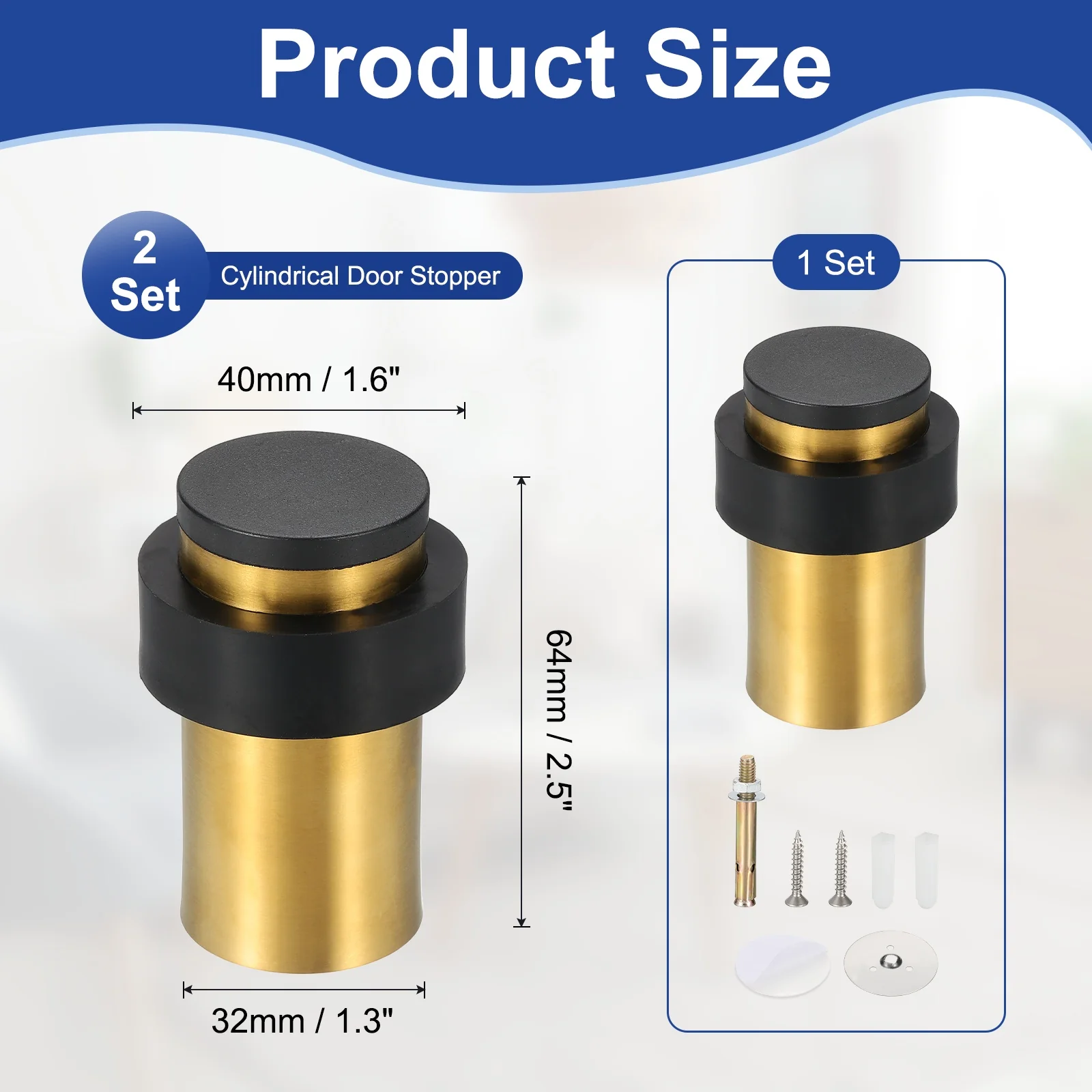 Uxcell 2 Set Cylindrical Door Stopper, 2.5" Height Rubber Bumper Floor Door Stop, Gold - Image 2