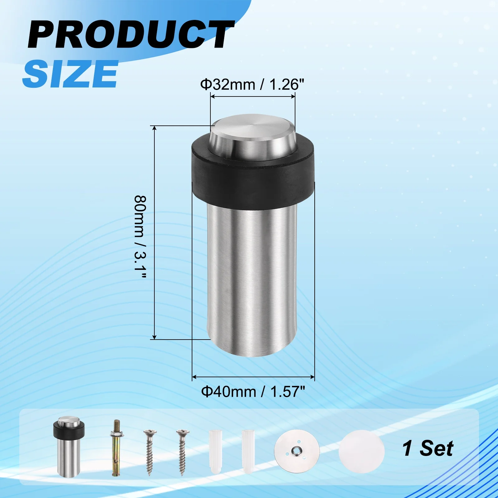 Uxcell Cylindrical Door Stopper, 3.1" Height Door Stop with Rubber Bumper, Silver - Image 2