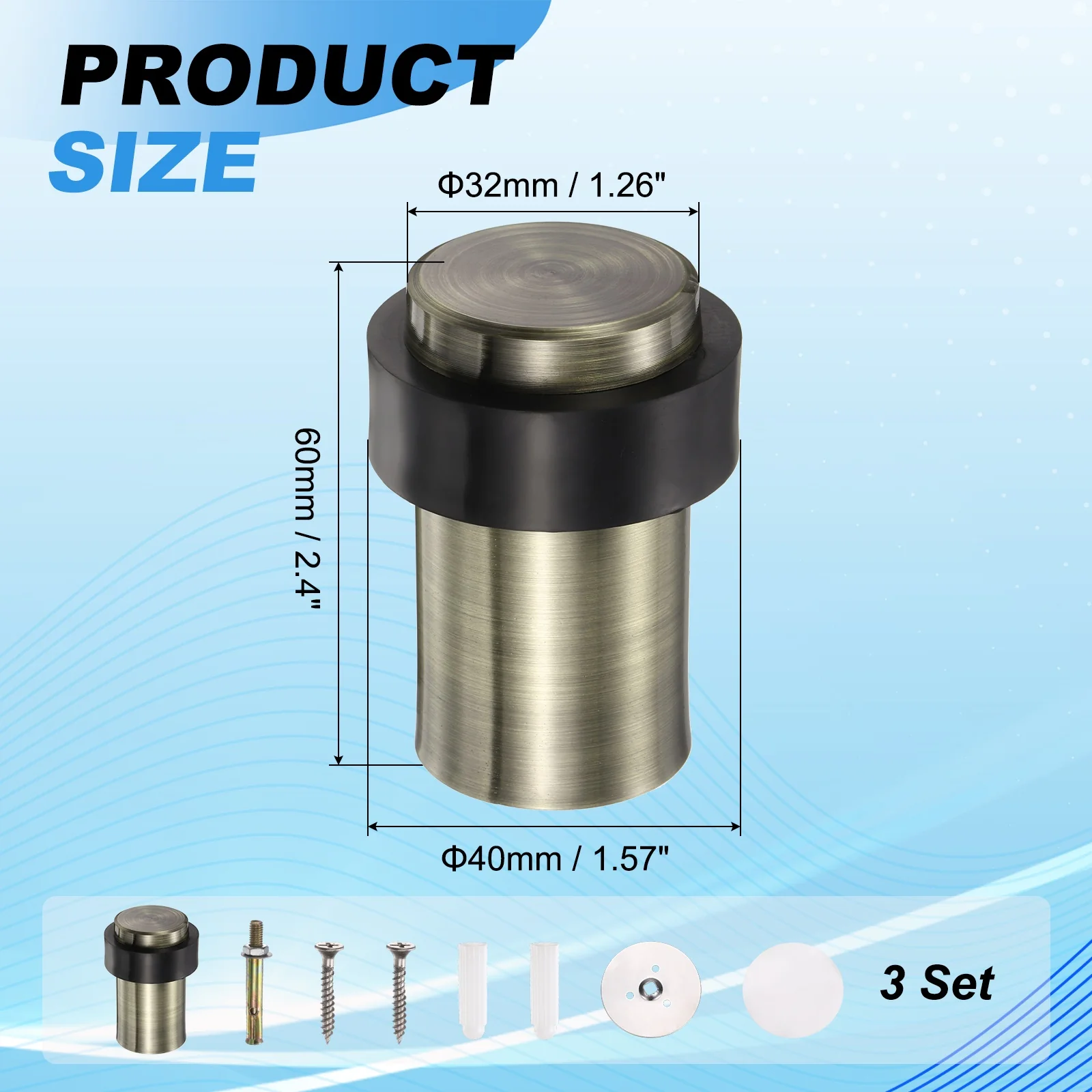 Uxcell 3Pcs Cylindrical Door Stopper, 2.4" Height Door Stop with Rubber Bumper, Brass - Image 2