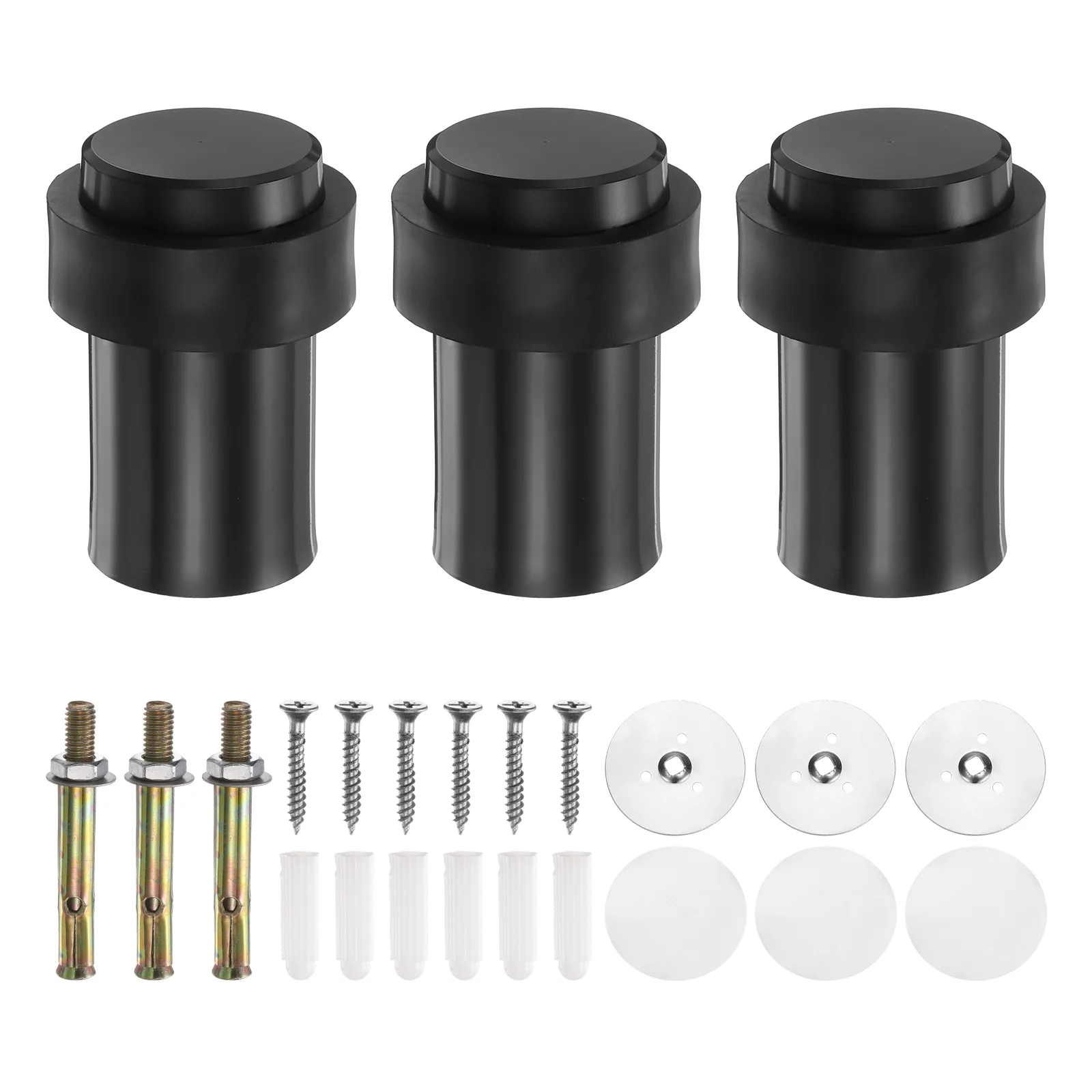Uxcell 3Pcs Cylindrical Door Stopper, 2.4" Height Door Stop with Rubber Bumper, Black