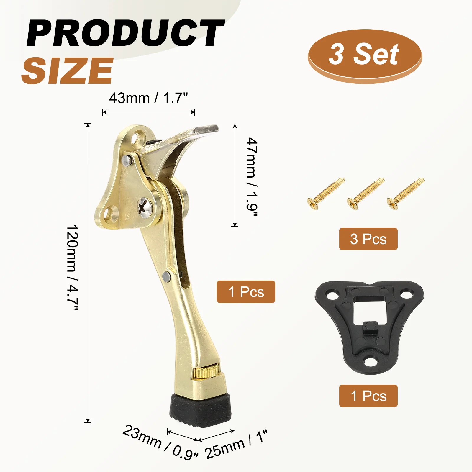 Uxcell 3 Set Kickdown Door Stopper, 4.7" Zinc Alloy Adjustable Door Holder, Gold - Image 2