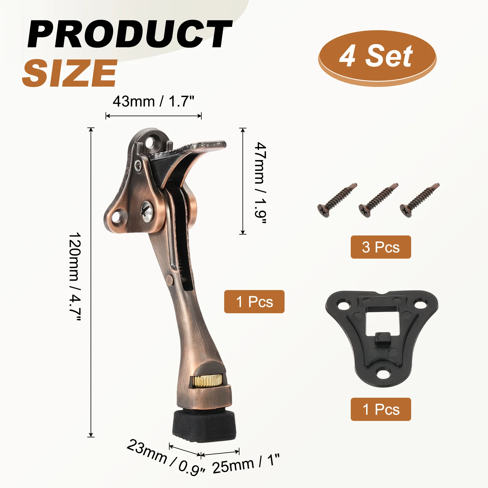 Uxcell 4 Set Kickdown Door Stopper, 4.7" Zinc Alloy Adjustable Door Holder, Copper - Image 2