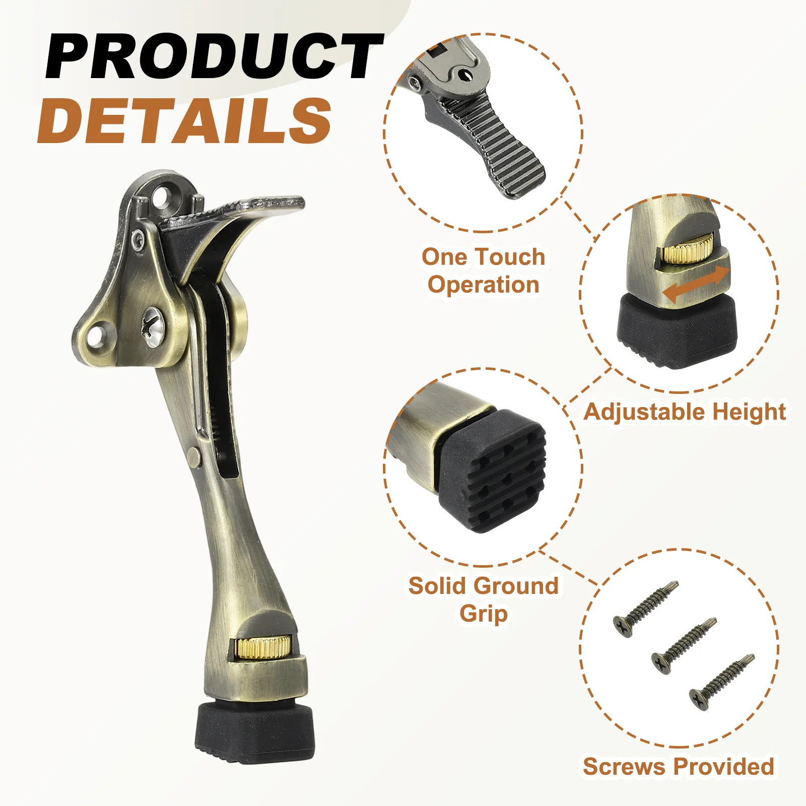 Uxcell 4 Set Kickdown Door Stopper, 4.7" Zinc Alloy Adjustable Door Holder, Brass - Image 3