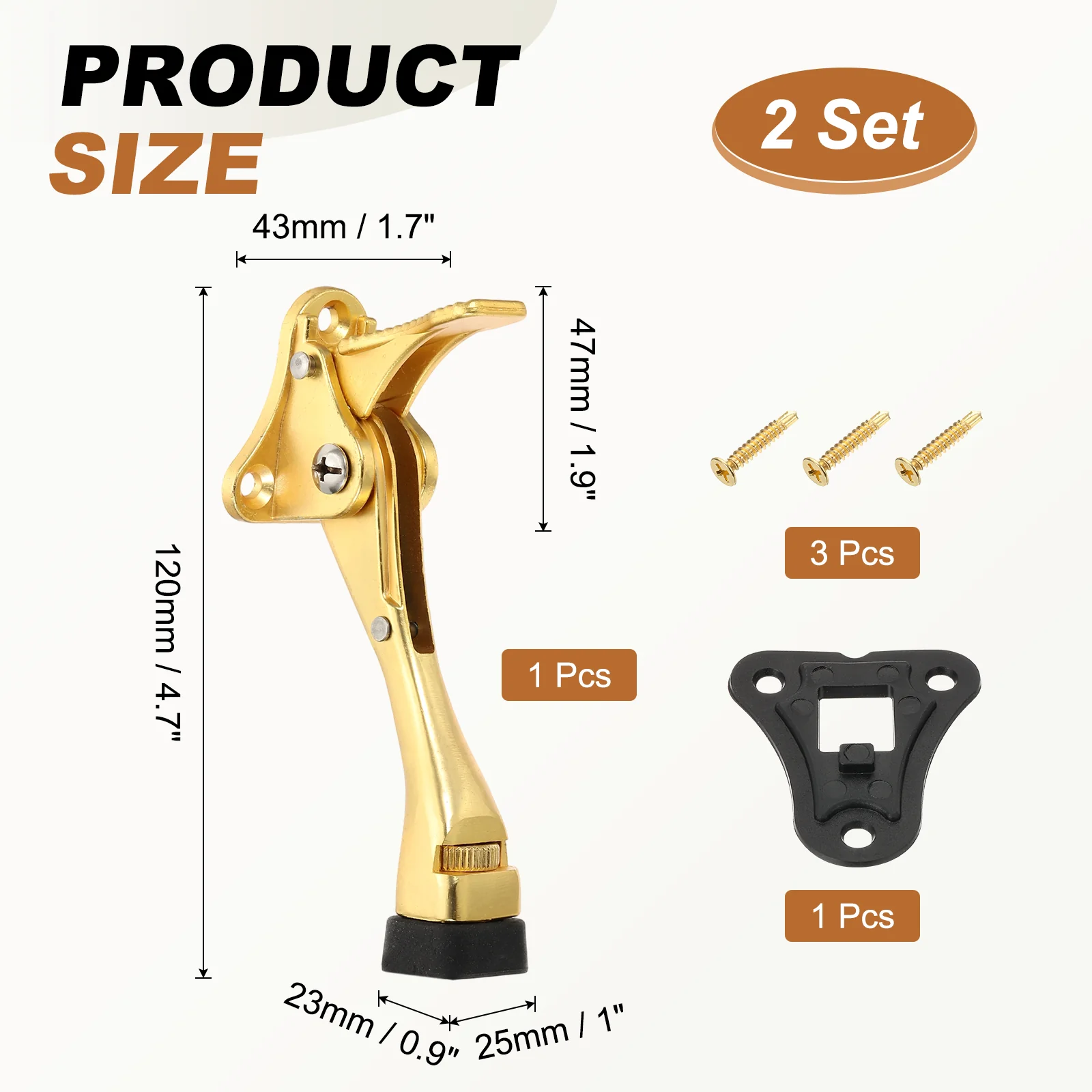 Uxcell 2 Set Kickdown Door Stopper, 4.7" Aluminum Alloy Adjustable Door Holder, Gold - Image 2